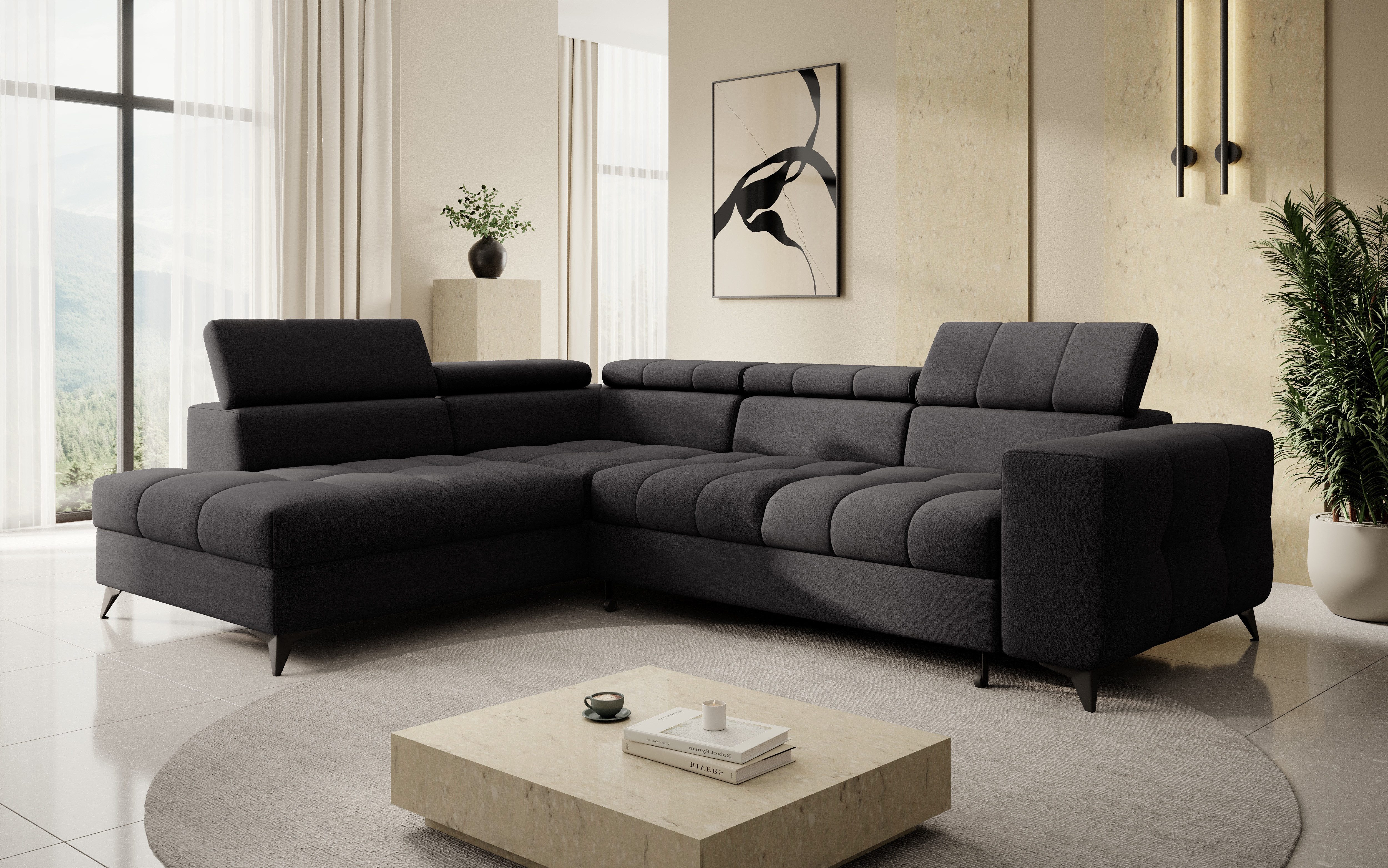 thematys Ecksofa SORANO mit Schlaffunktion & Bettkasten – L-Form, Bouclé und Velours, - mit verstellbaren Kopfstützen, – L-Form 270×203 cm – Schlafsofa mit Auszug, – L-Form 270×203 cm – Schlafsofa mit Auszug