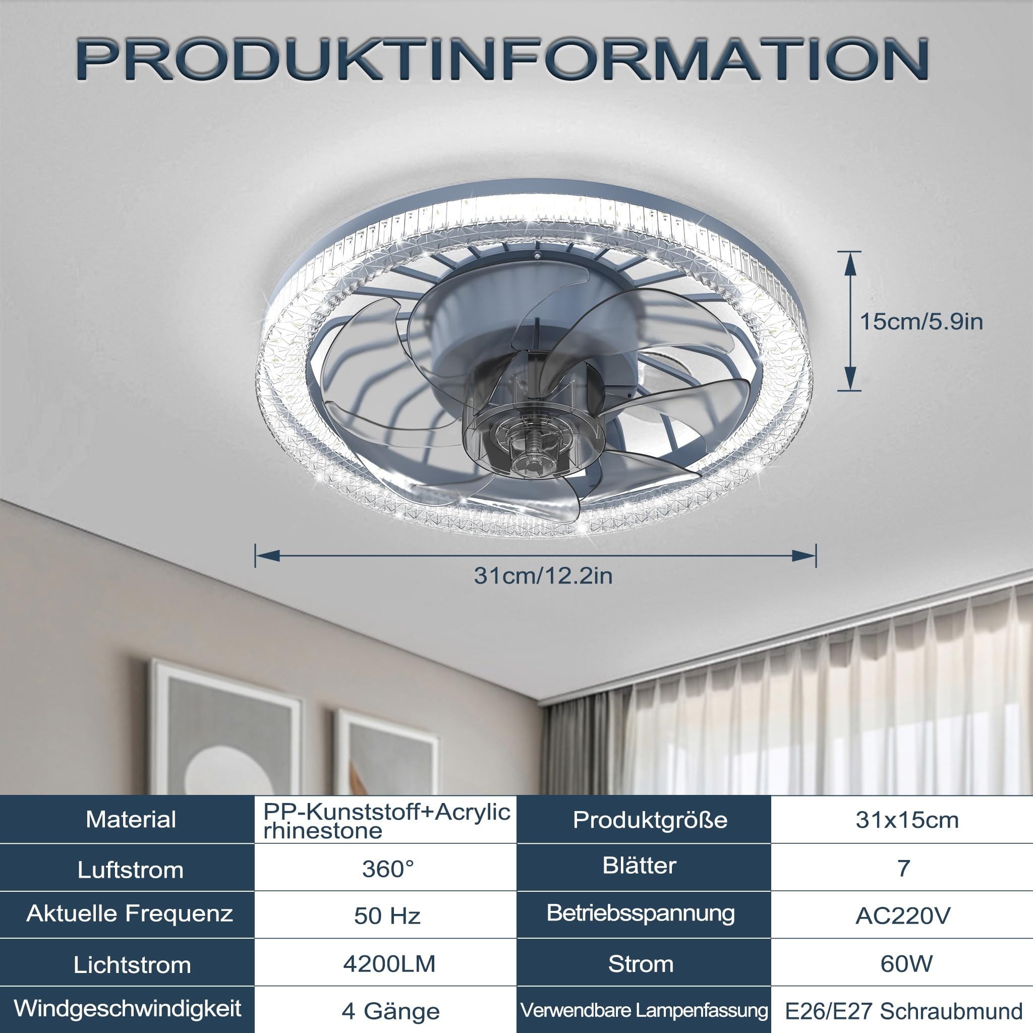 FIVMEN Deckenventilator 60W LED Deckenventilator E27 mit Beleuchtung, Ventilator Deckenleuchte mit Fernbedienung
