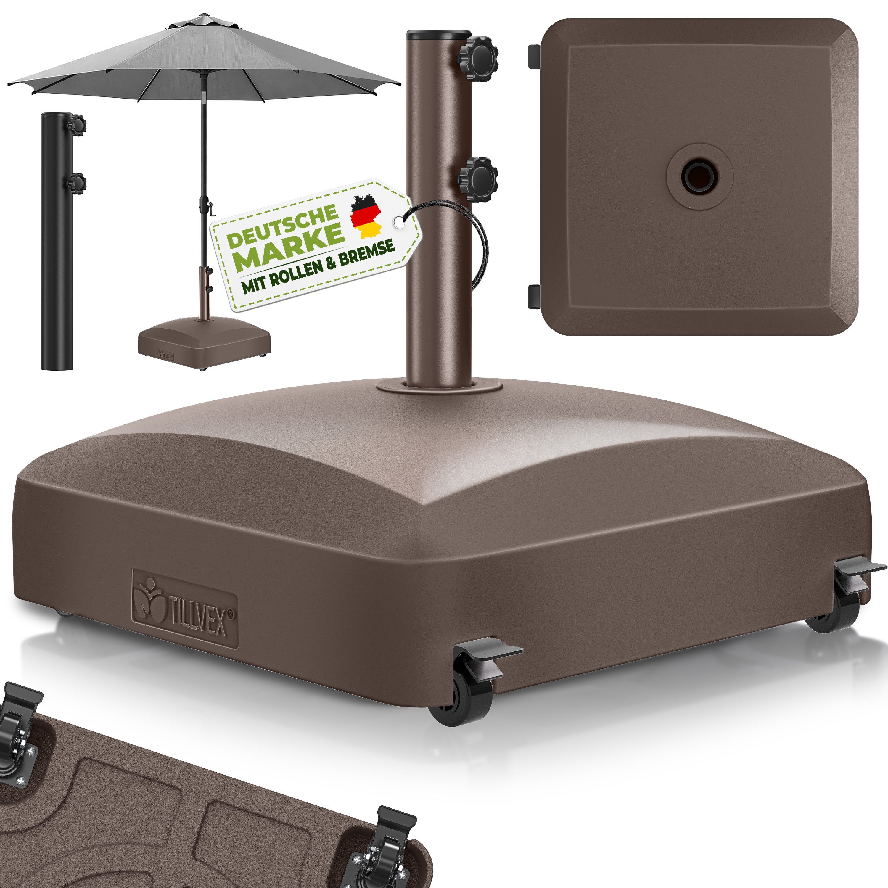 tillvex Sonnenschirm tillvex® Sonnenschirmständer PAVERA mit Rollen & Bremsen, Schirmständ, & Marktschirm Ø 1,8-3,7m, Ampelschirmständer wetterfest, Schirmständer befüllbar 37 Liter / 56 kg Schirmgewicht Sonnenschirm, Sonnenschirmständer PAVERA mit Rollen & Bremsen