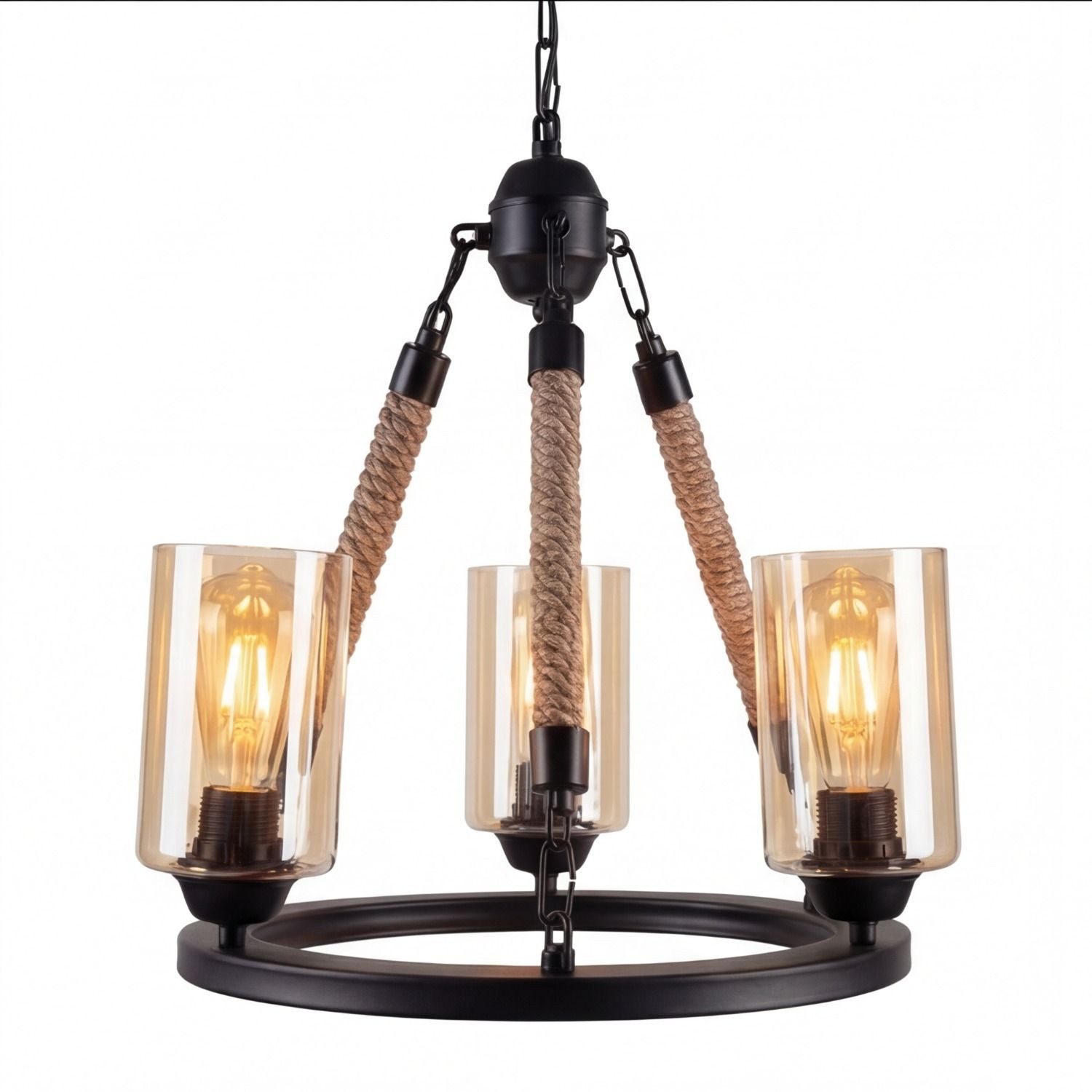 Licht-Erlebnisse Kronleuchter AHRENS, ohne Leuchtmittel, Ring Ø 45 cm Rauchglas Metall Jute 3-flammig E27 Rustikal