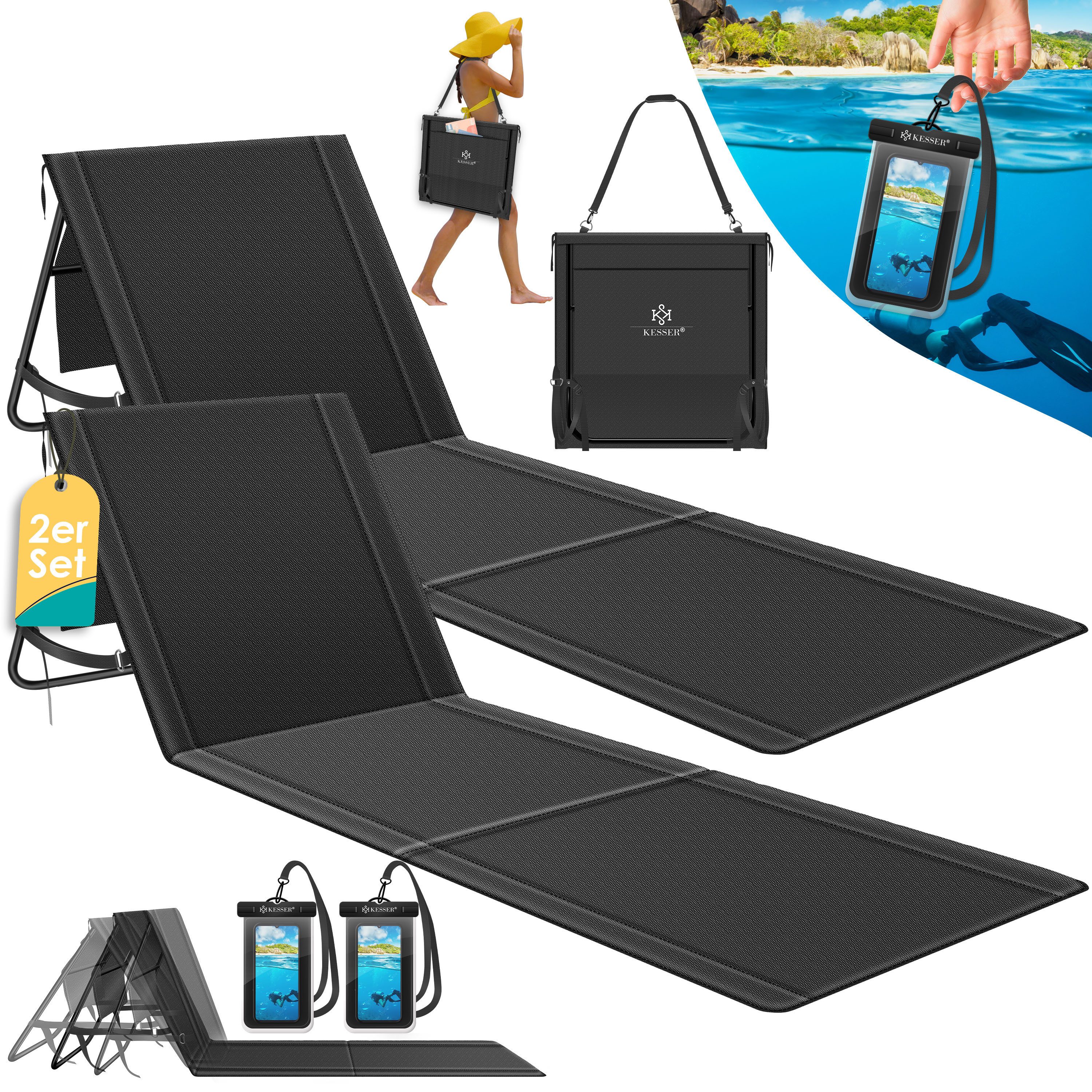 KESSER Gartenliege Strandmatte klappbar mit verstellbarer Rückenlehne max. 130 kg, 2 St., Strandliege mit Tragegurt, wasserdichter Handyhülle & Tragetasche, Sonnenliege faltbar für Strand, Garten & Terrasse Liegematte