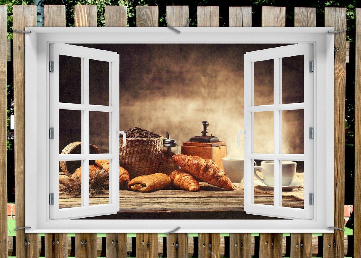 Thumbnail - Wallario Sichtschutzzaunmatten Französisches Frühstück mit Café und Croissants, mit Fenster-Illusion