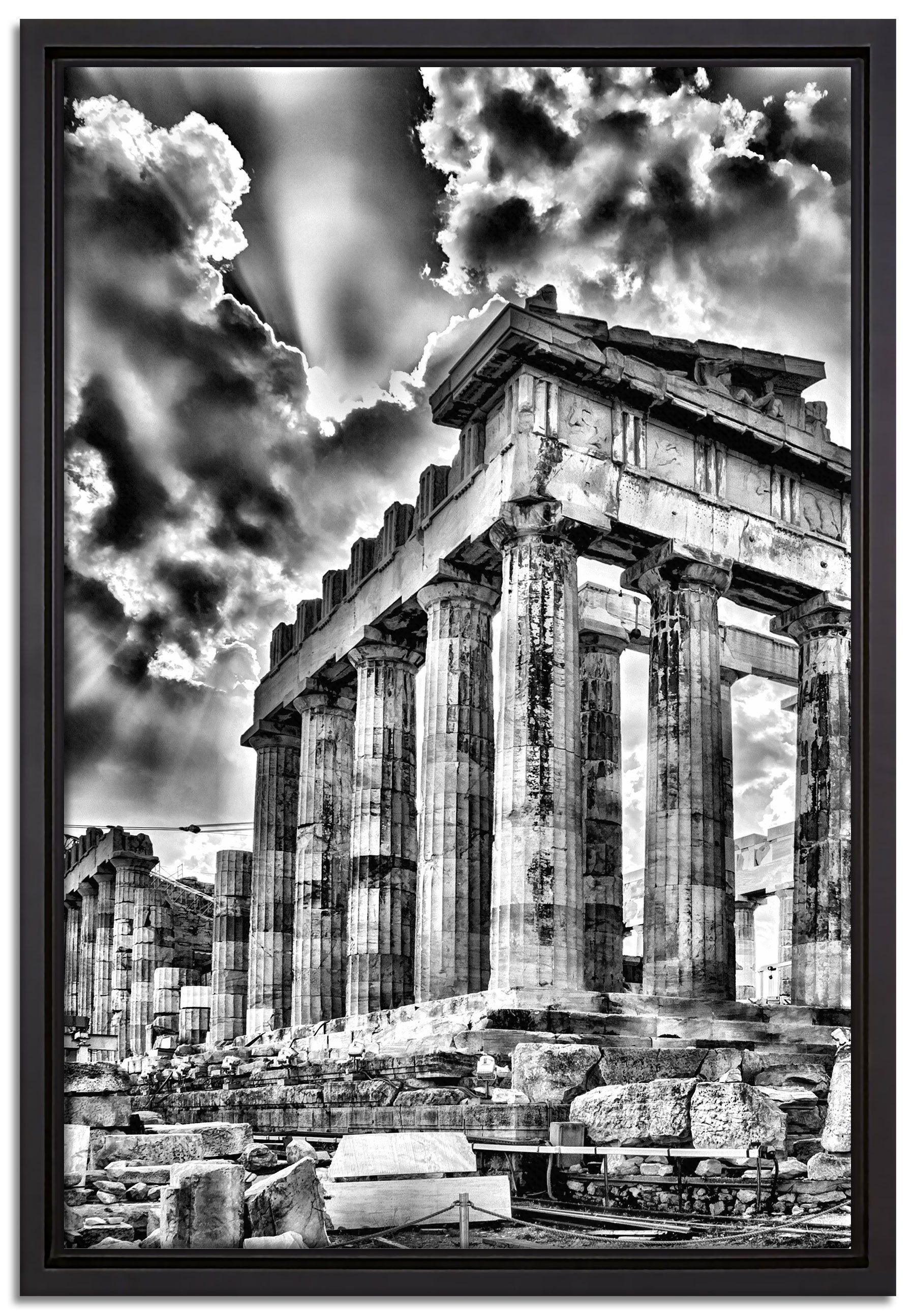 Pixxprint Leinwandbild Antike Säulen Griechenland, Wanddekoration (1 St), Leinwandbild fertig bespannt, in einem Schattenfugen-Bilderrahmen gefasst, inkl. Zackenaufhänger