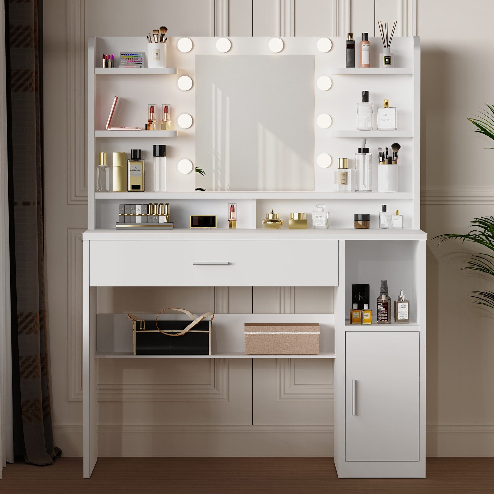 oyajia Schminktisch mit LED-Beleuchtung, einstellbare Helligkeit, mit 1 Schubladen,Spiegel (108*40*140 cm,6 offene Fächer, minimalistischer Stil Reichlich Stauraum Stabile)