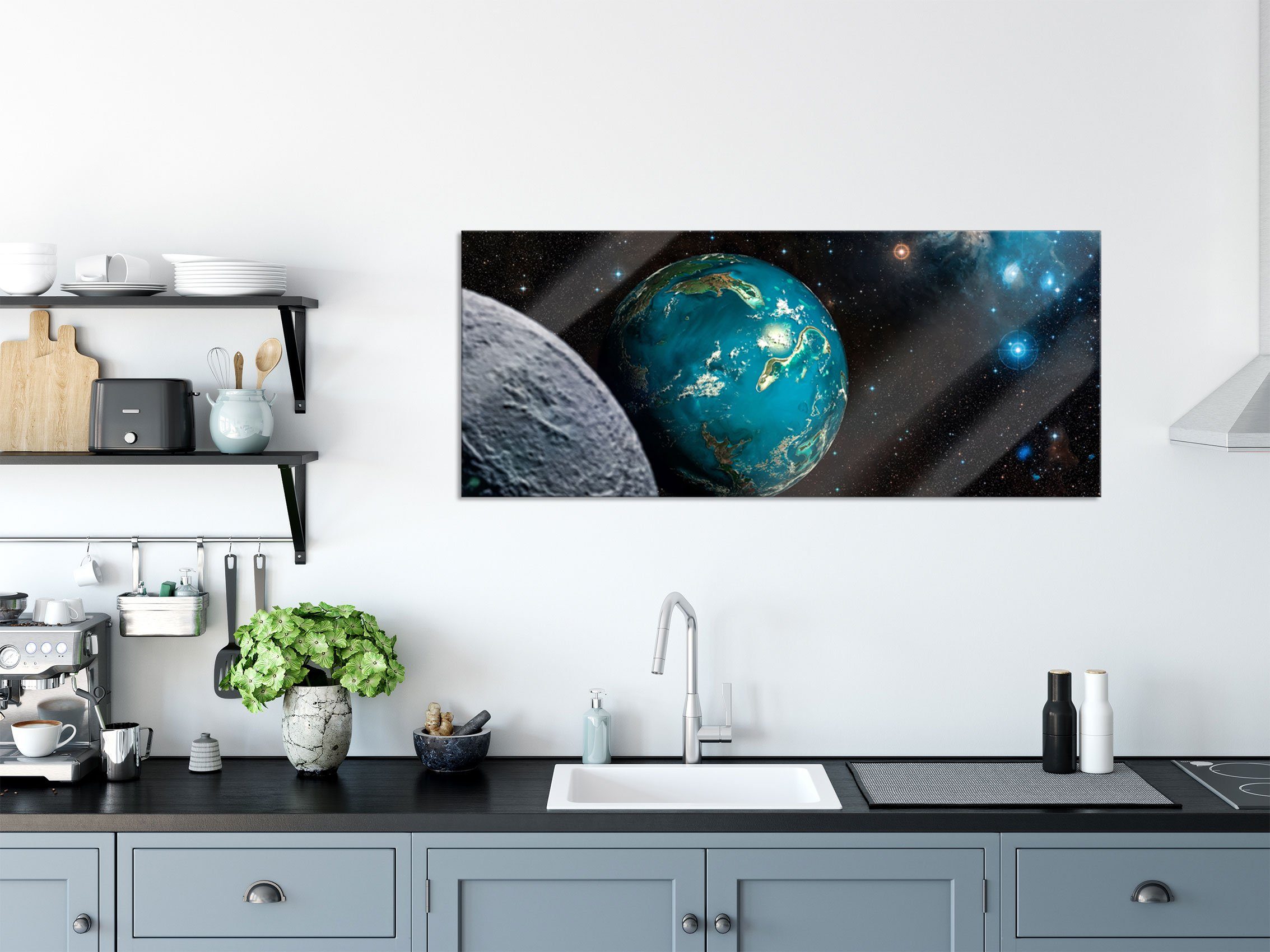 aus Abstandshalter Planet Glasbild und St), inkl. Glasbild im (1 Kosmos Echtglas, Pixxprint Planet im Aufhängungen Kosmos, Erde Erde