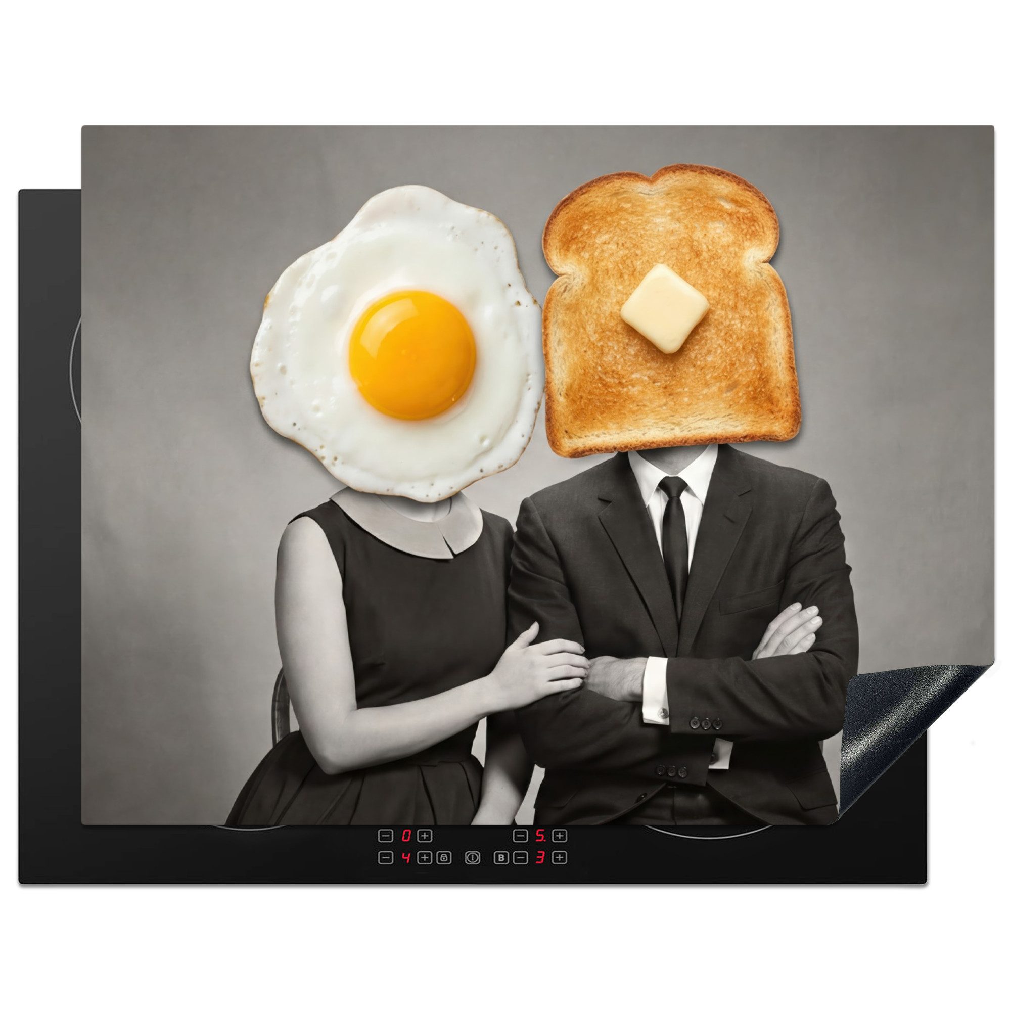 MuchoWow Herd-Abdeckplatte Frühstück - Ehepaar - Ei - Brot, Vinyl, (1 tlg), Küche Herdabdeckplatte Ceranfeld, Küchengeräte, 77x59 cm