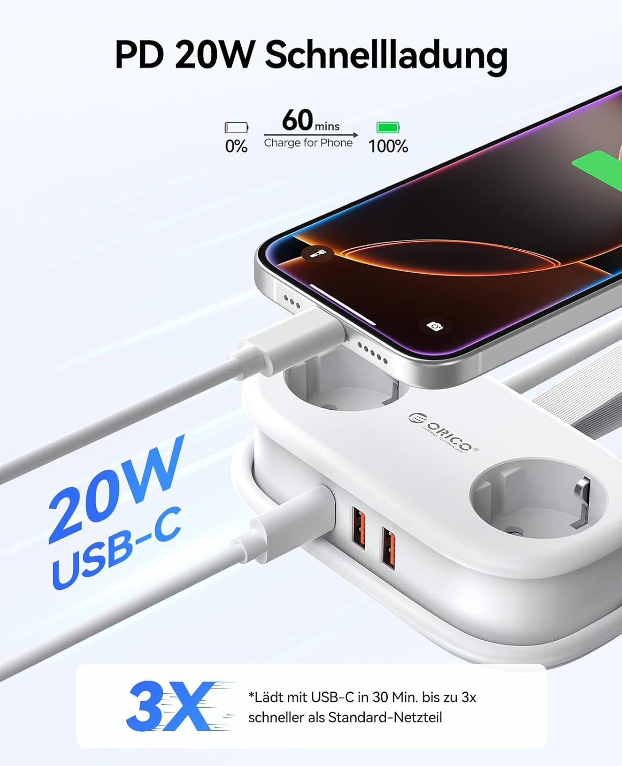 ORICO Steckdose AP3 20W Reisesteckdosenleiste mit USB-C PD, 1,5 m Kabel – kompakt für Reise & Home Office, 1-St., 2 Steckdosen & 3 USB-Anschlüssen, für Haushalt – Bild 3 von 5
