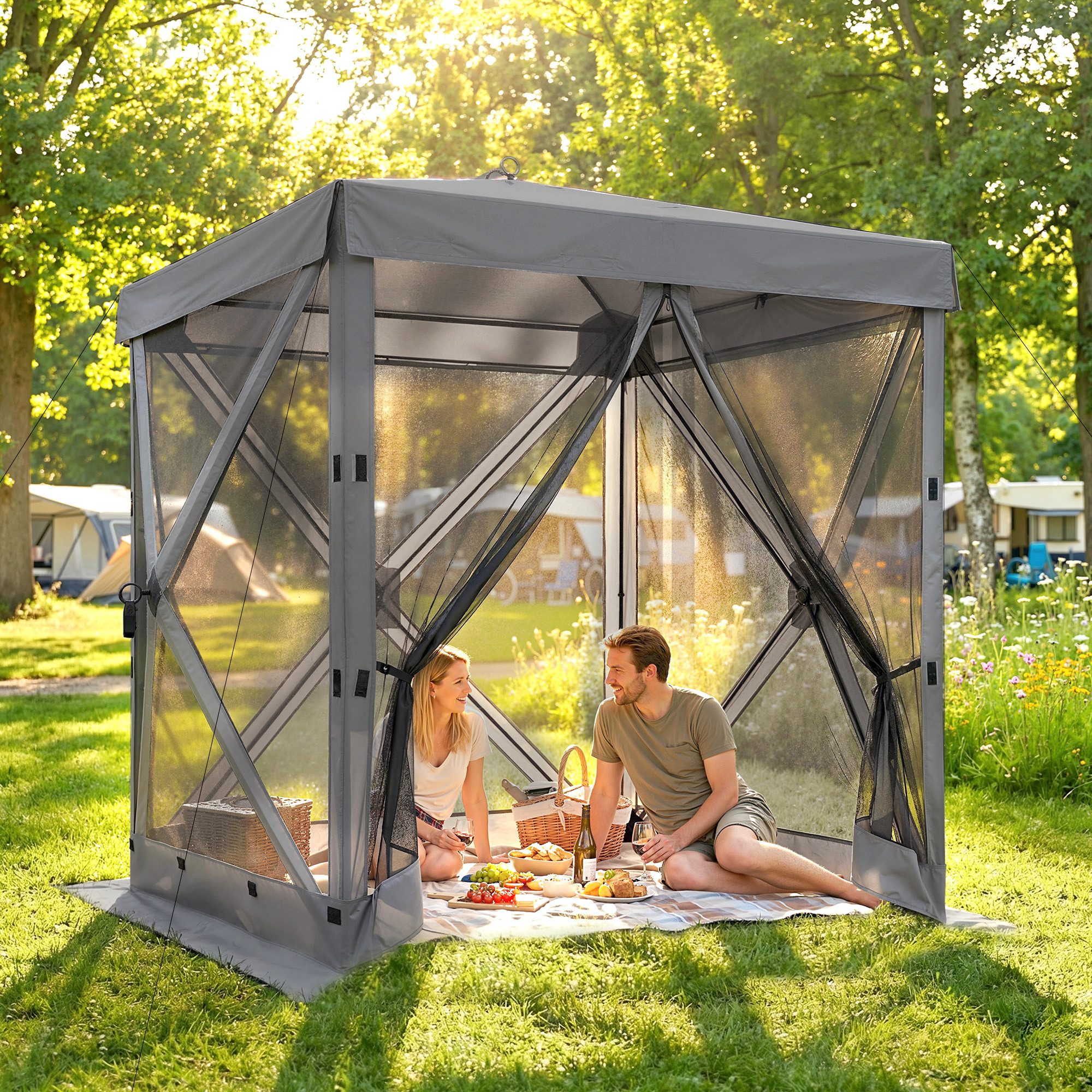 Outsunny Faltpavillon mit 4 Mesh-Seitenteilen, Tasche, mit 4 Seitenteilen, (Pop-Up Pavillon, Partyzelt), für Garten Festival, Dunkelgrau