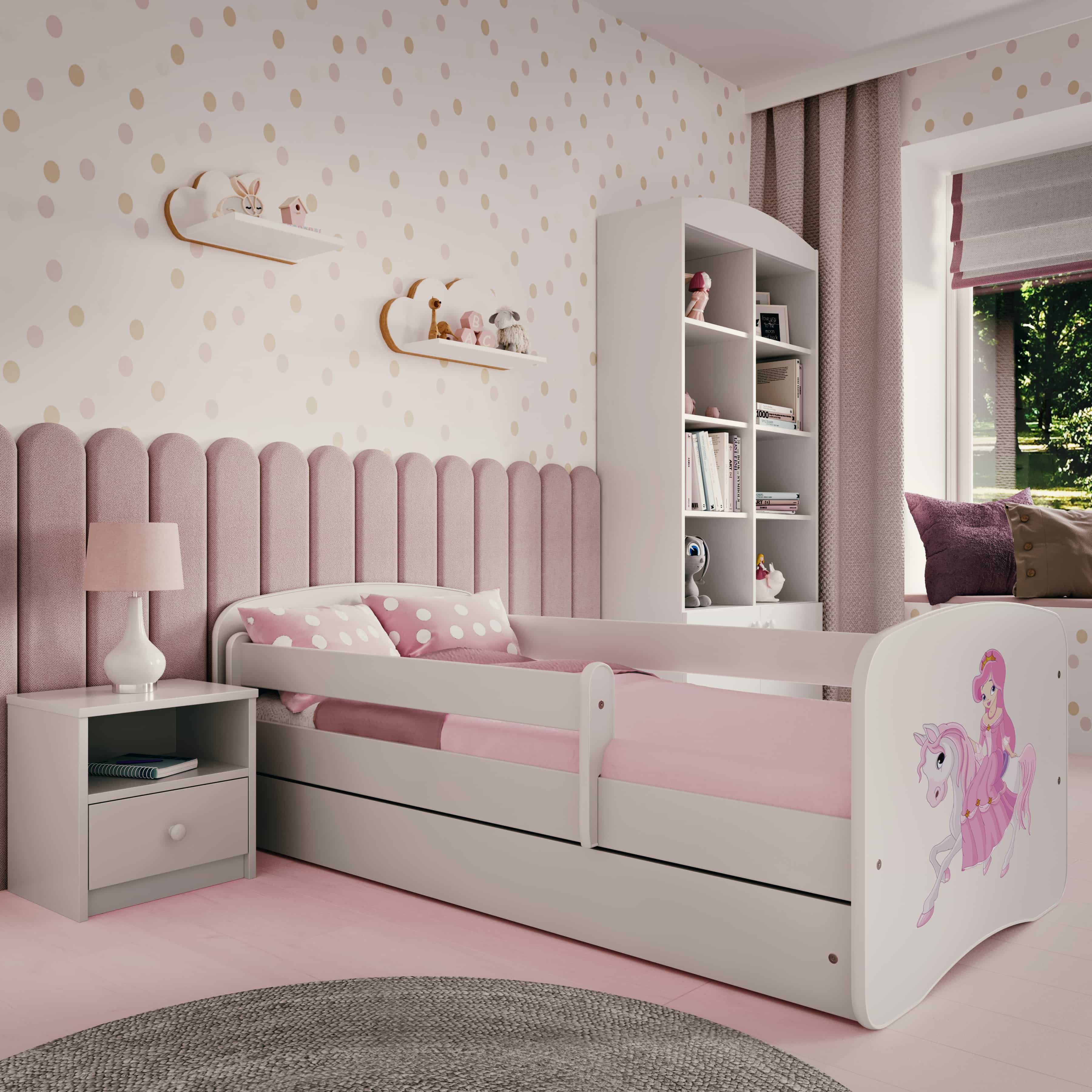Raumhirsch Furniture Kinderbett 70x140, 80x160, 80x180 cm - Komplettset mit Matratze & Schublade (Bett für Mädchen, Einzelbett Kinder 2–12, mit Rausfallschutz & Lattenrost), verschiedene Farben & Designs