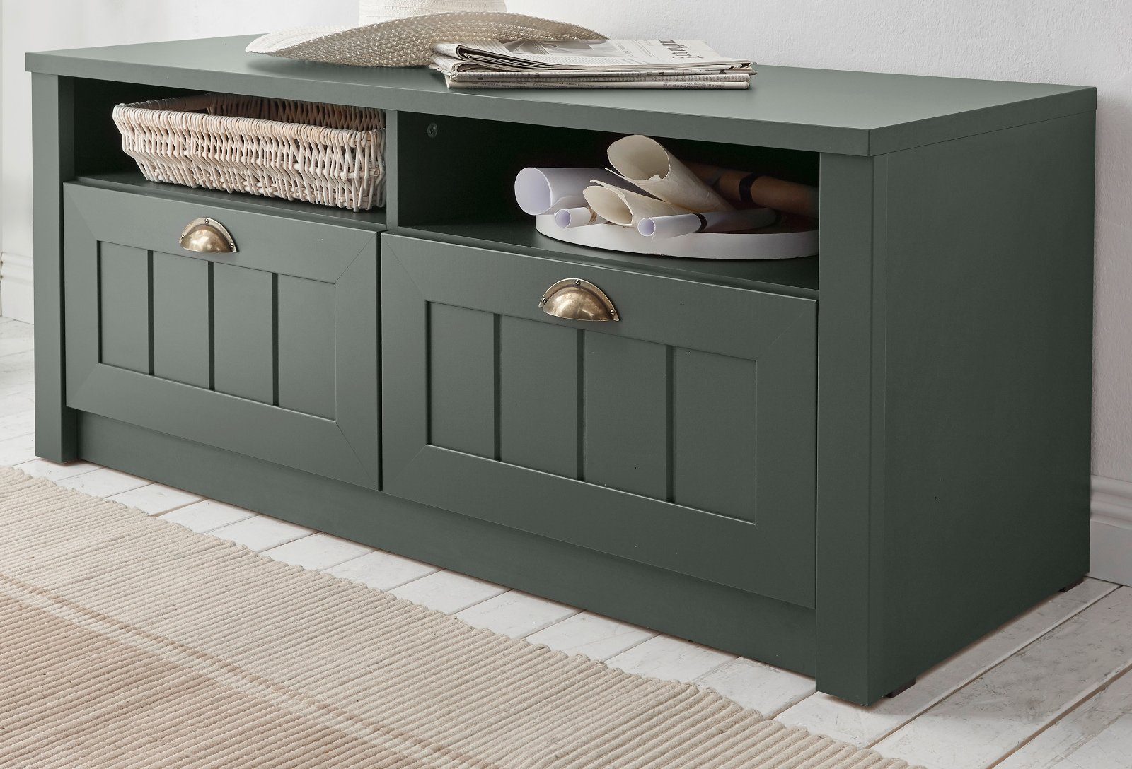 Furn.Design Schuhbank Forres (Garderobenbank in Landhaus grün, 110 x 47 cm), mit Schubladen