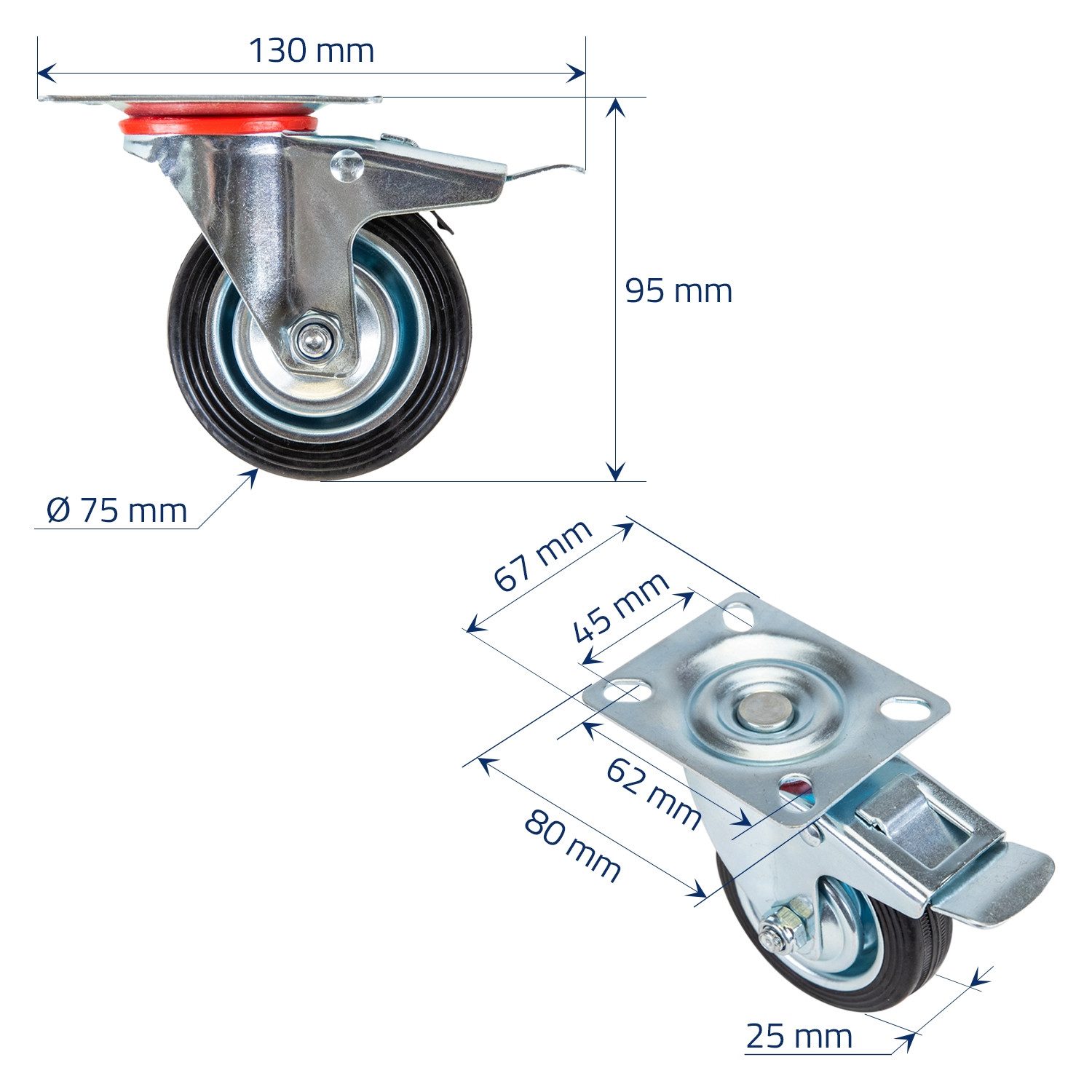 HMF Schwerlastrolle 6790 Transportrollen mit Feststellbremse aus Vollgummi, (4 Stück, Set), Lenkrollen 75 mm, bis 200 kg, schwarz