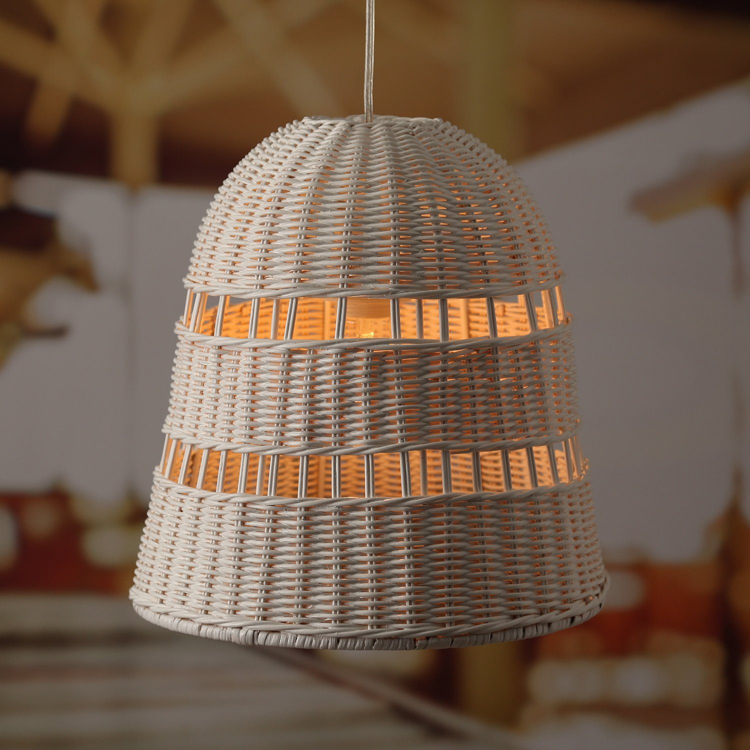 MARELIDA Deckenleuchte Lampenschirm Rattanoptik weiß H: 33cm E27 Fassung für Innen Balkon