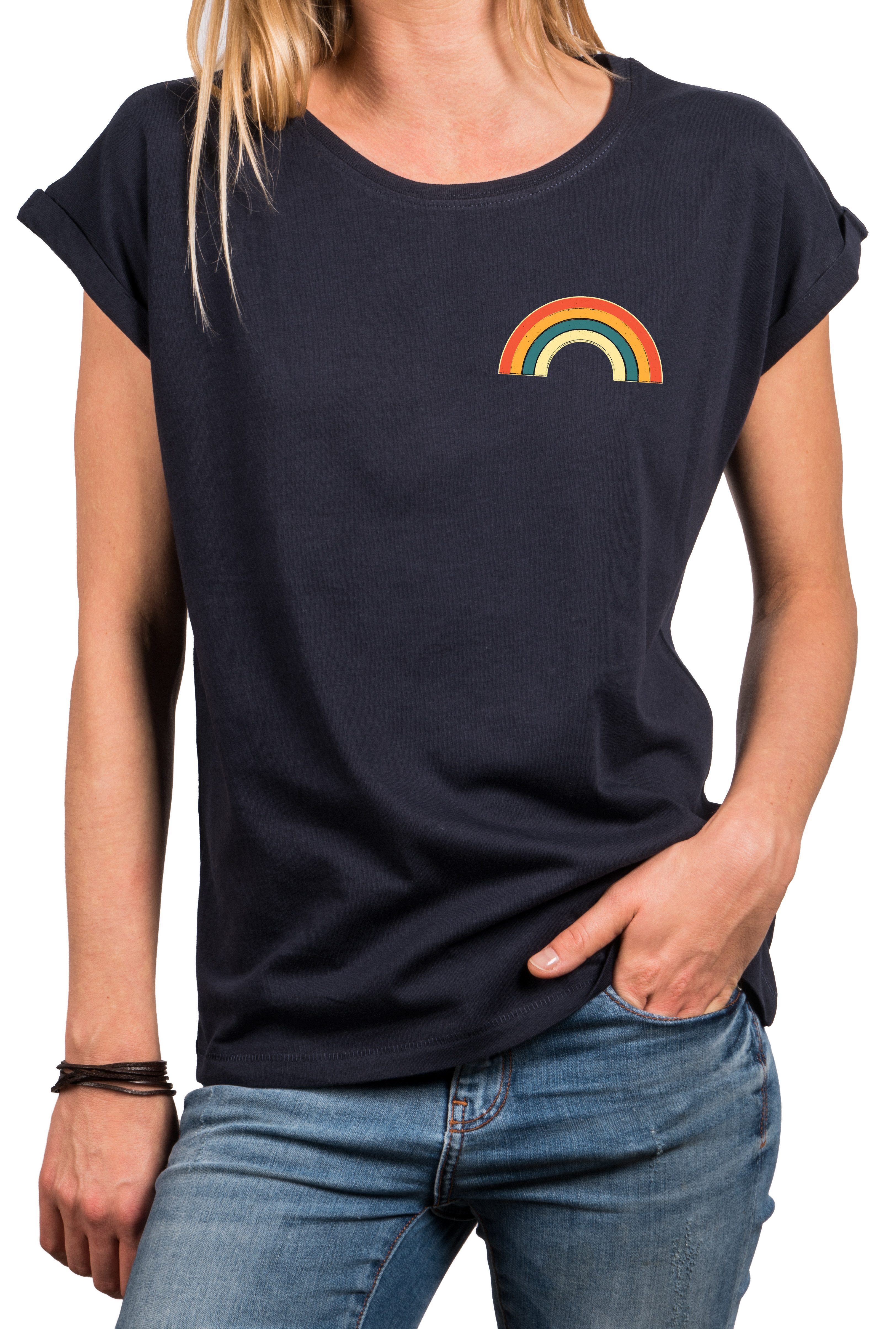 T-Shirt mit Regenbogen Damen Top Rainbow Sommer Tunika Stylisch Elegant
