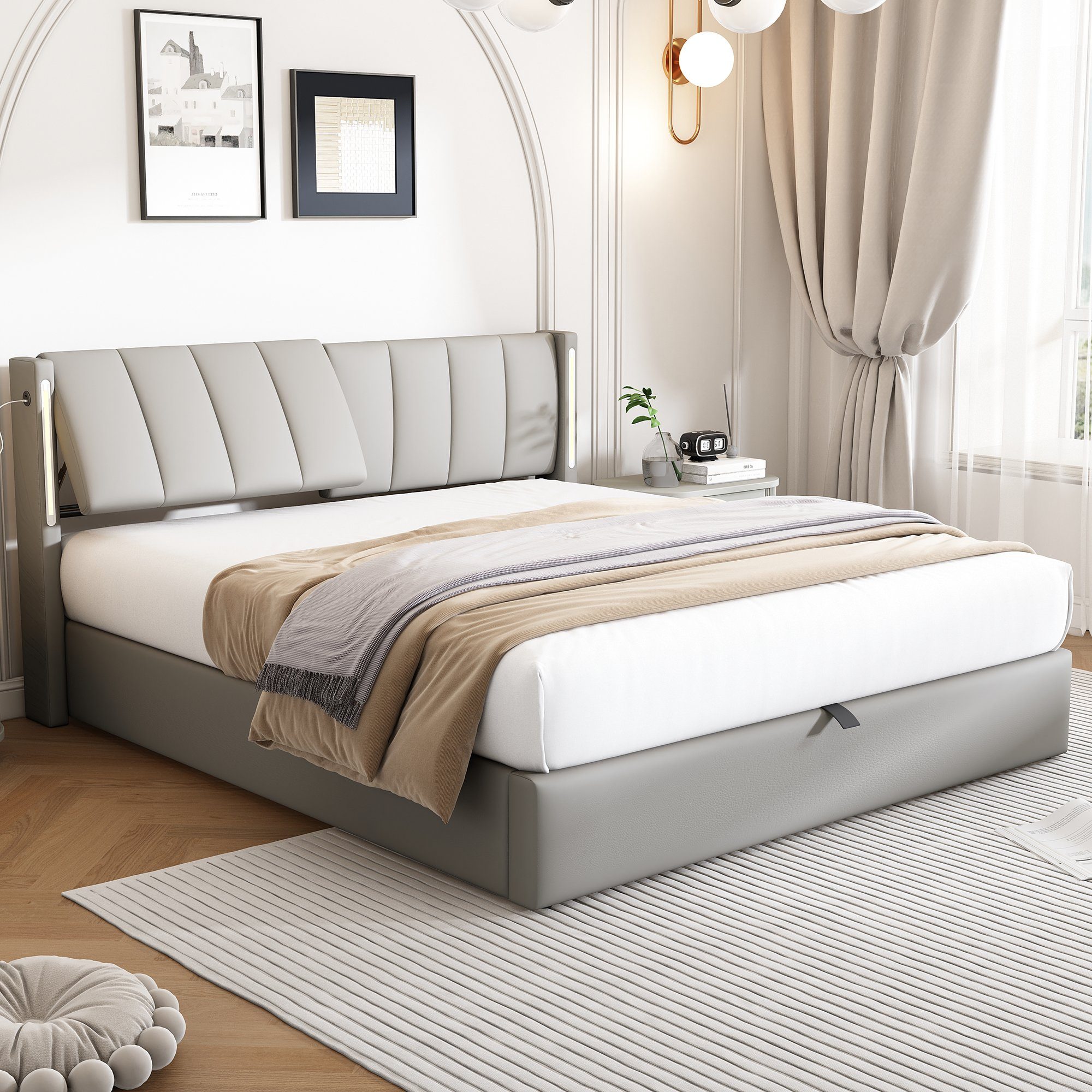 Flieks Polsterbett, LED Stauraumbett Doppelbett mit USB/ Verstellbarem Kopf günstig online kaufen