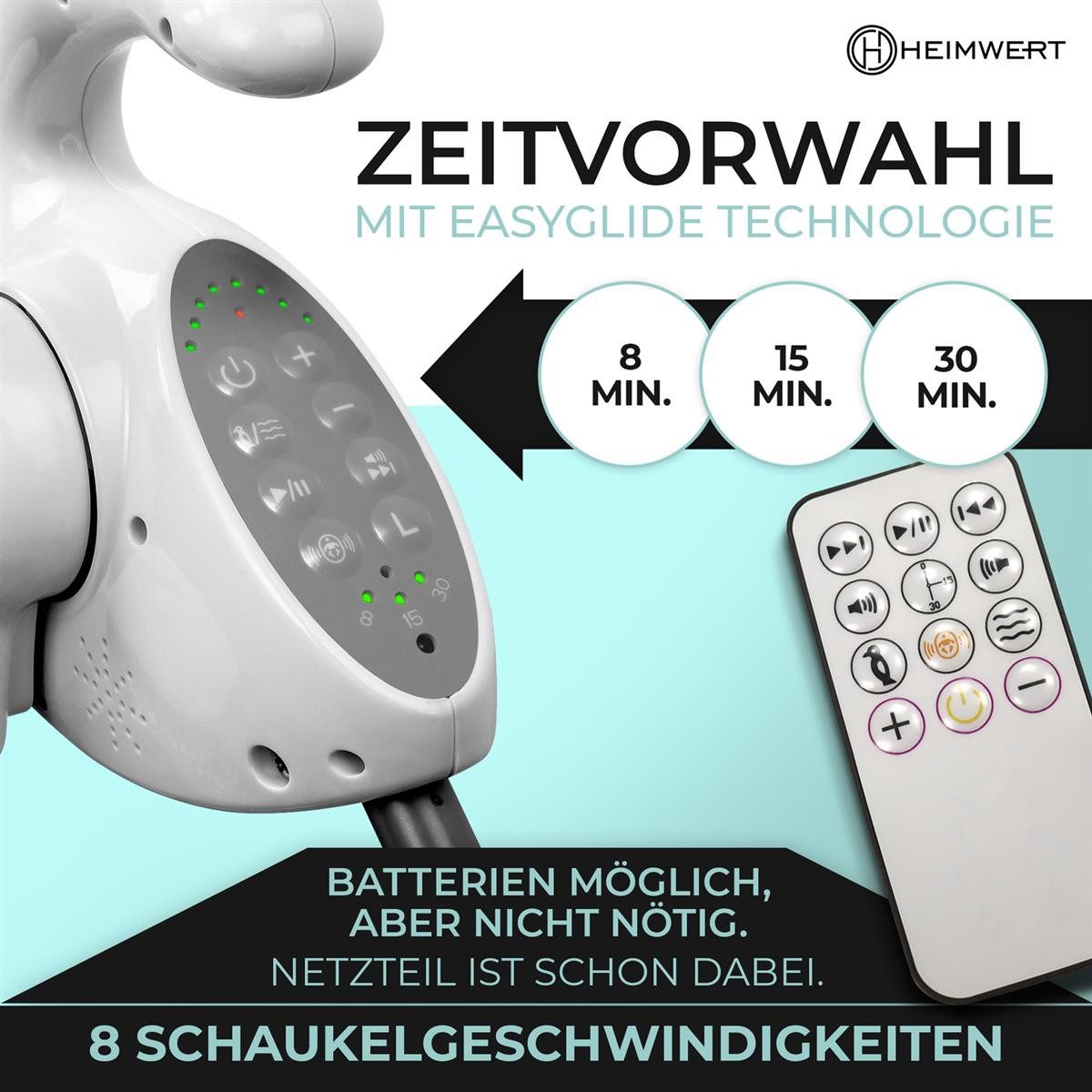 HEIMWERT Baby Swing/Bouncer with Sound, Electric, Remote Control, Easyfold for Easy Transport + Movement Activation