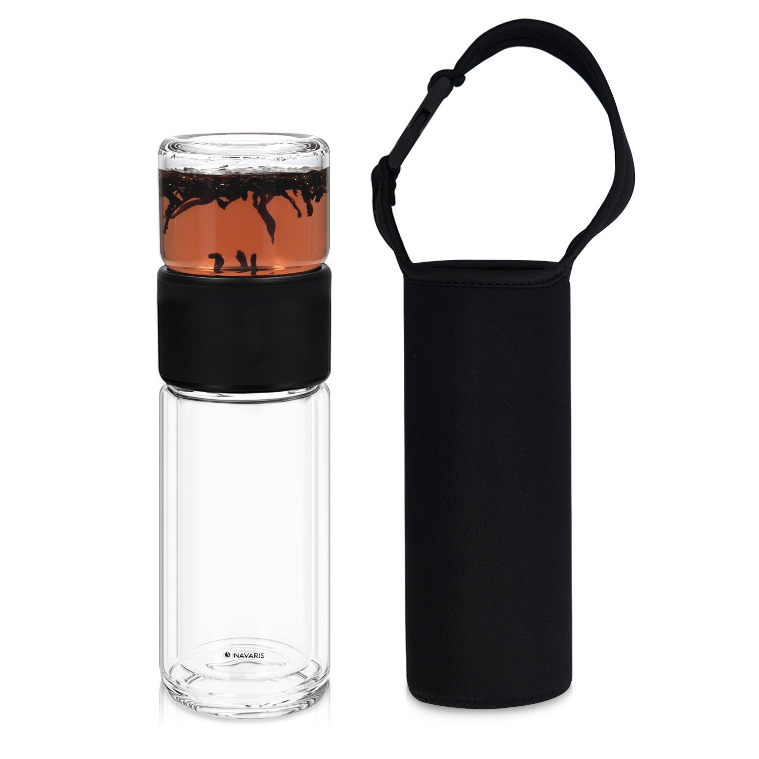 Navaris Isolierflasche Teeflasche aus Glas mit Edelstahl Sieb - 240ml - Teebereiter to go