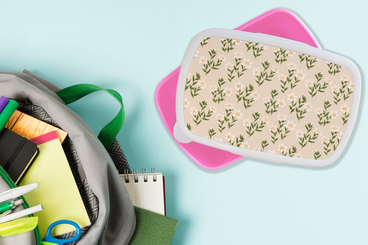 MuchoWow Lunchbox für Edelweiss - rosa Snackbox, Kunststoff - (2-tlg), Mädchen, Brotdose Brotbox Erwachsene, Muster, Kunststoff, Kinder, Blumen