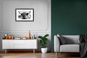 MuchoWow Poster Kuh - Schottischer Hochländer - Schwarz - Weiß - Tier - Natur -, Schottisches Hochlandrind Schwarz Weiß (1 St), mit Rahmen, Kunstdruck, Gerahmtes Poster, Schwarzem Bilderrahmen