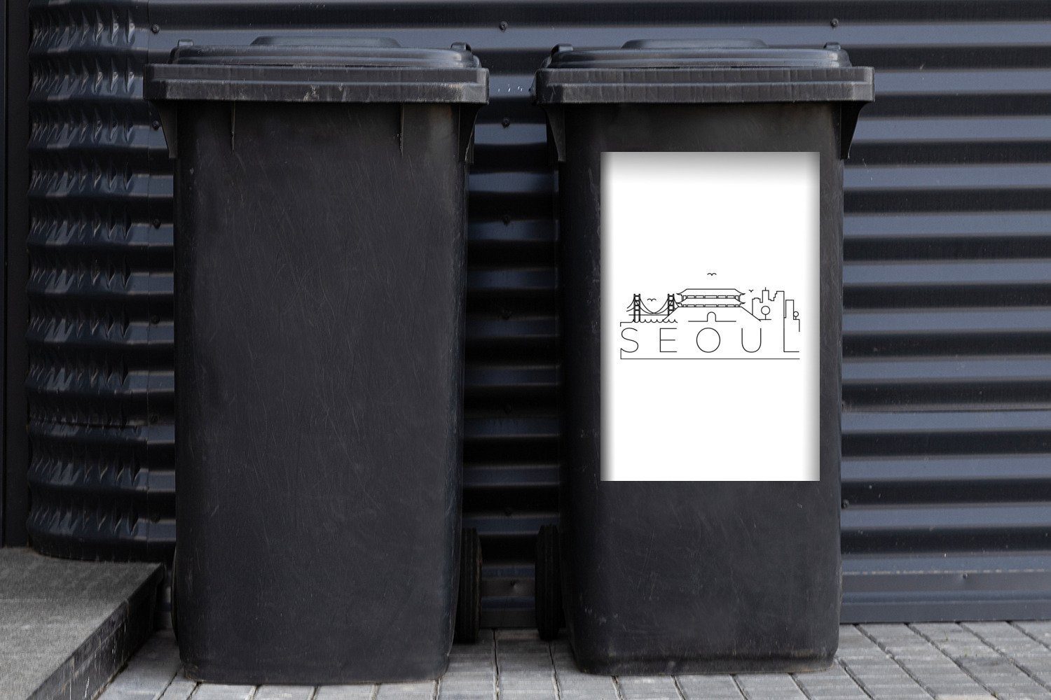 Mülleimer-aufkleber, weißem Skyline St), Sticker, auf MuchoWow Abfalbehälter Wandsticker Mülltonne, (1 "Seoul" Hintergrund Container,