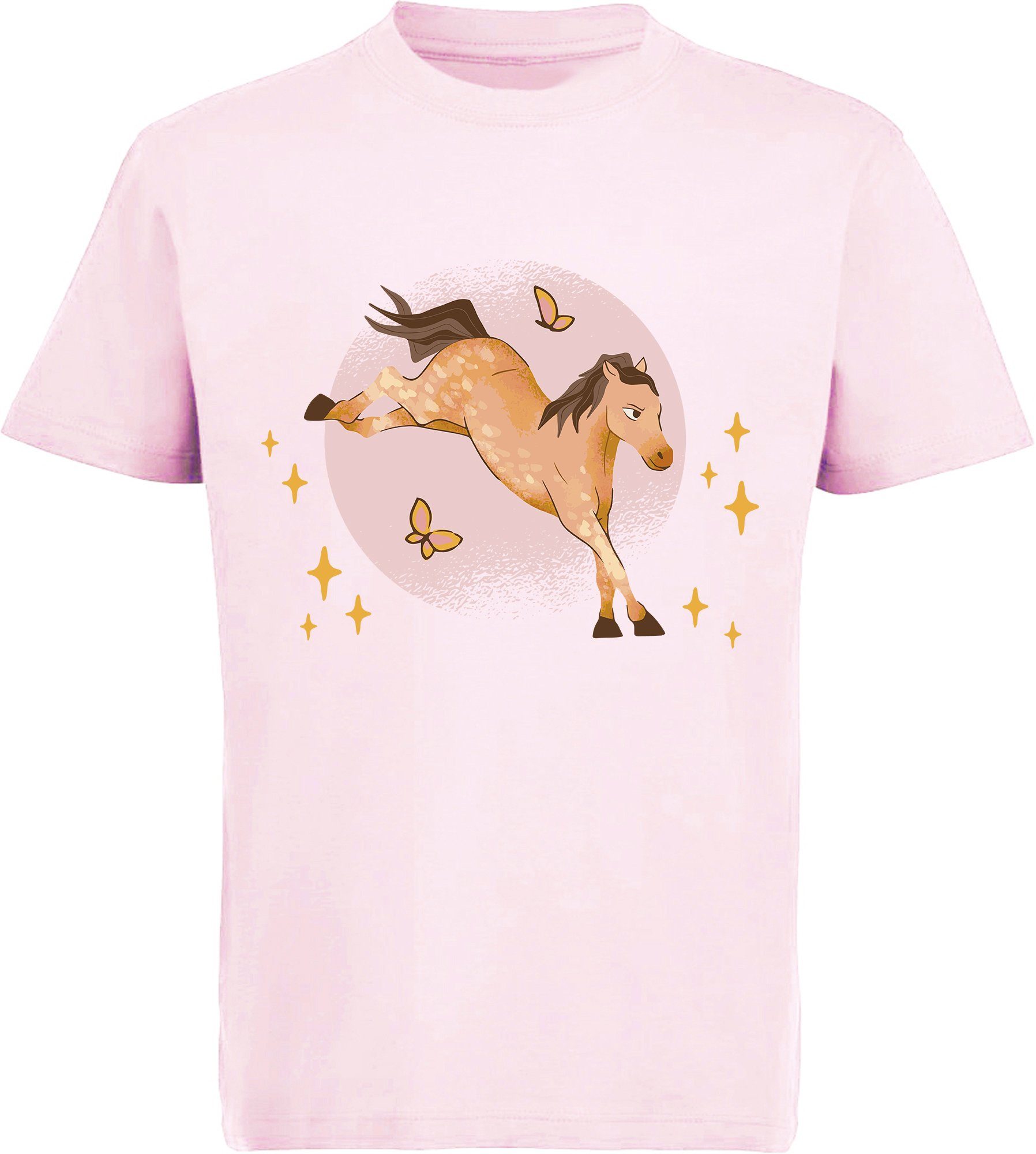 MyDesign24 Print-Shirt bedrucktes Mädchen T-Shirt austretendes Pferd und Schmetterlinge Baumwollshirt mit Aufdruck, i157 rosa