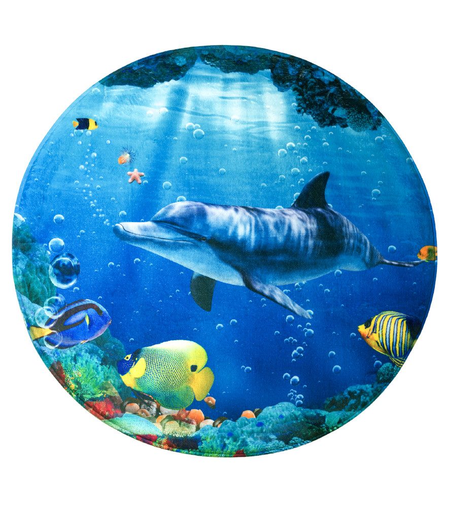 Sanilo Badematte Delphin Korallen, rutschhemmend beschichtet, waschbar, schnelltrocknend, Polyester, rund, sehr weich, hochwertig & modern, Durchmesser 80 cm