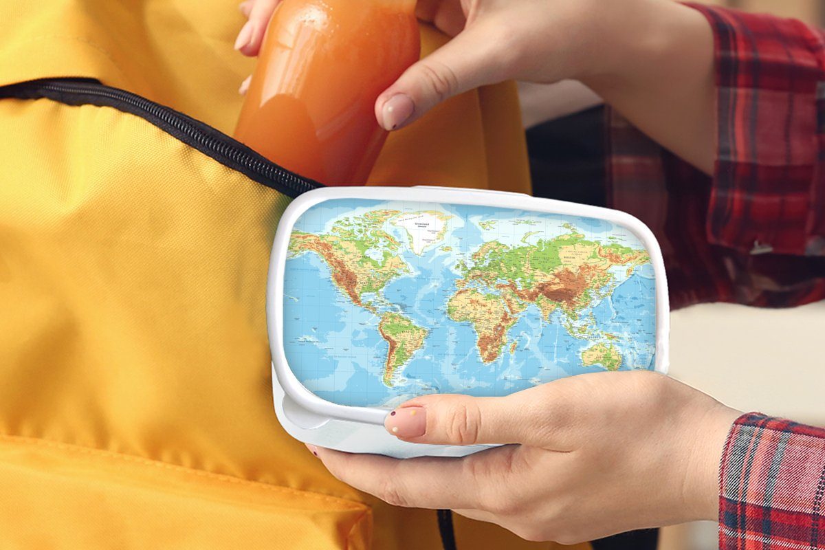 und MuchoWow Kunststoff, weiß und Brotbox für für Atlas Lunchbox (2-tlg), Weltkarte - Brotdose, Topographie, Mädchen Erwachsene, Kinder - Jungs