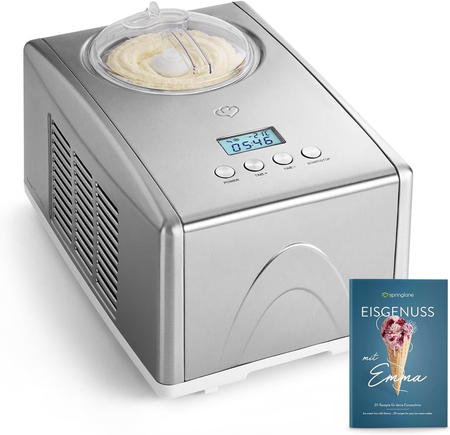 Springlane Eismaschine Emma 1,5 L mit selbstkühlendem Kompressor, aus Edelstahl, 1,50 l, 150,00 W, Eiscreme, Sorbet, Frozen Joghurt, inkl. Rezeptheft