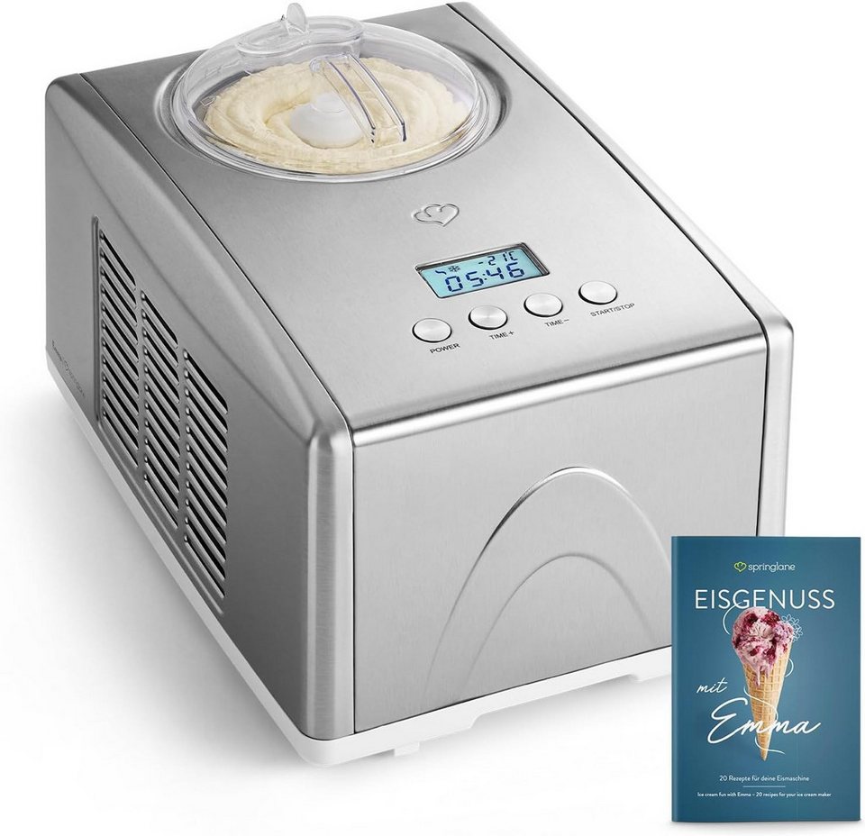 Springlane Eismaschine Emma 1,5 L mit selbstkühlendem Kompressor, aus Edelstahl, 1,50 l, 150,00 W, Eiscreme, Sorbet, Frozen Joghurt, inkl. Rezeptheft, Speiseeismaschine