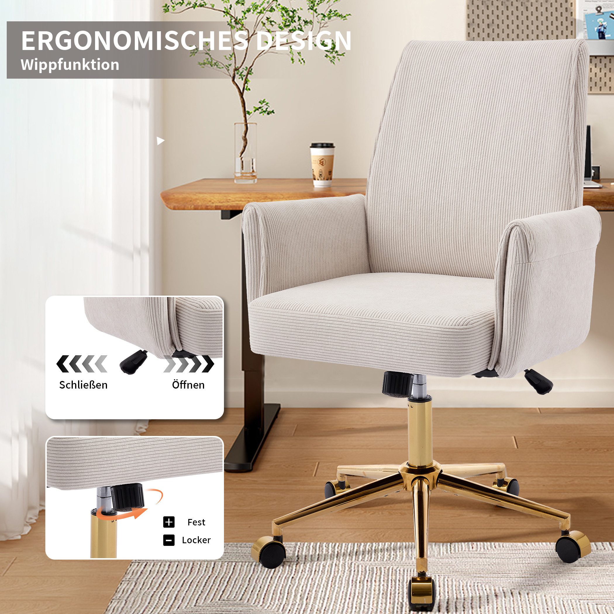 SeedWave Bürostuhl Ergonomisch Cord Drehstuhl mit Wippfunktion, Memory-Schaum Sitzkissen, Höhenverstellbarer Schreibtischstuhl für Büro und Home Office – Bild 4 von 5