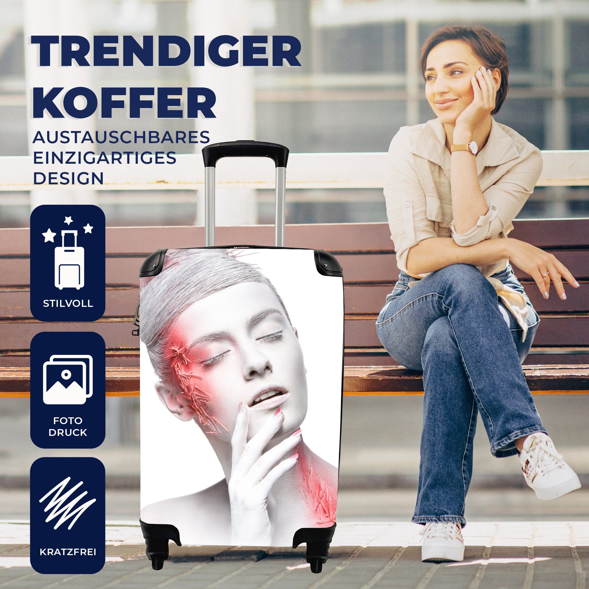 Reisekoffer für - Trolley, mit - Handgepäck 4 Rollen, Frau Handgepäckkoffer Rot Weiß Ferien, - rollen, Reisetasche Kunst, MuchoWow