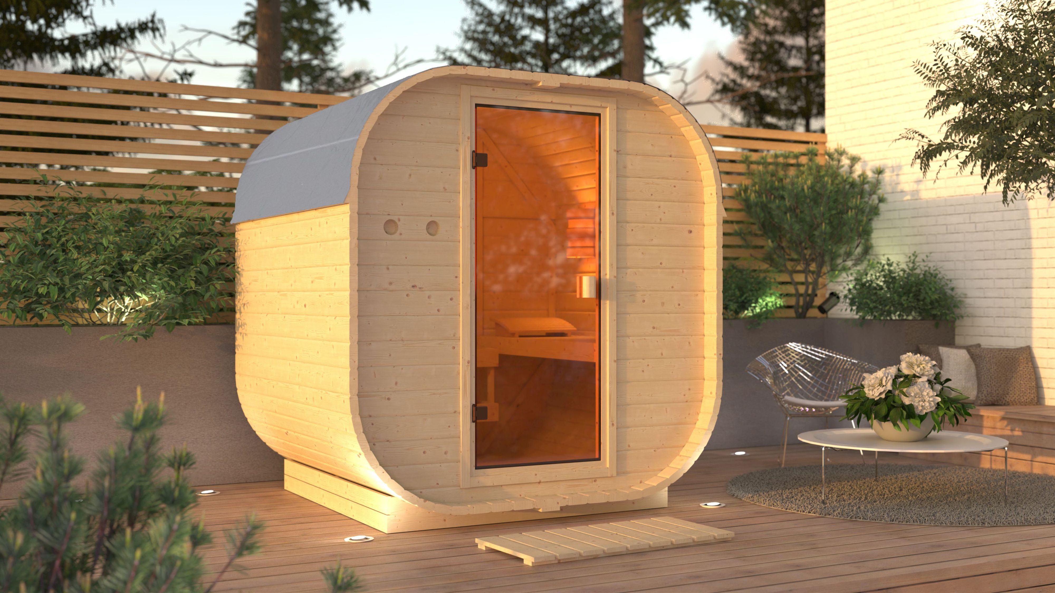 Karibu Fasssauna "Quadro 1" SET, naturbelassen mit Ofen 9 kW, BxTxH: 199 x 175 x 205 cm, 38 mm, aus hochwertiger nordischer Fichte