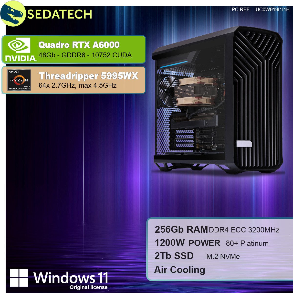 Sedatech UC0W919I1I1HF - Workstation Business-PC (AMD Ryzen Threadripper PRO Pro 5995WX 64x 2.7GHz (max 4.5GHz), Quadro RTX A6000 48GB, 256 GB RAM, 2000 GB SSD, Wlan 5)