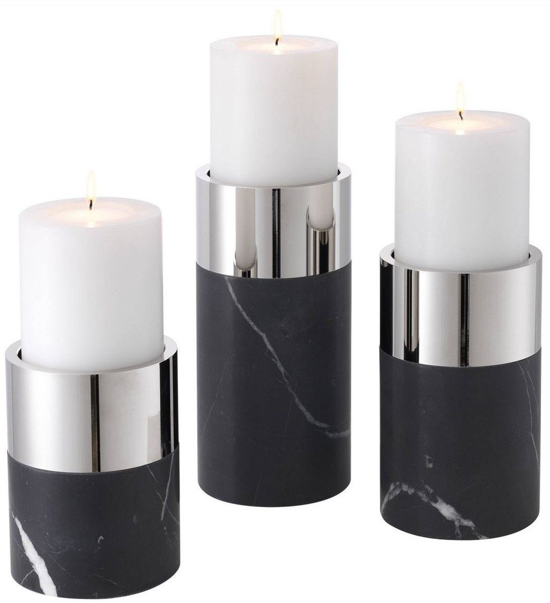 Casa Padrino Kerzenhalter Luxus Kerzenhalter Set Schwarz / Silber - 3 runde Marmor Kerzenhalter - Luxus Qualität - Deko Accessoires