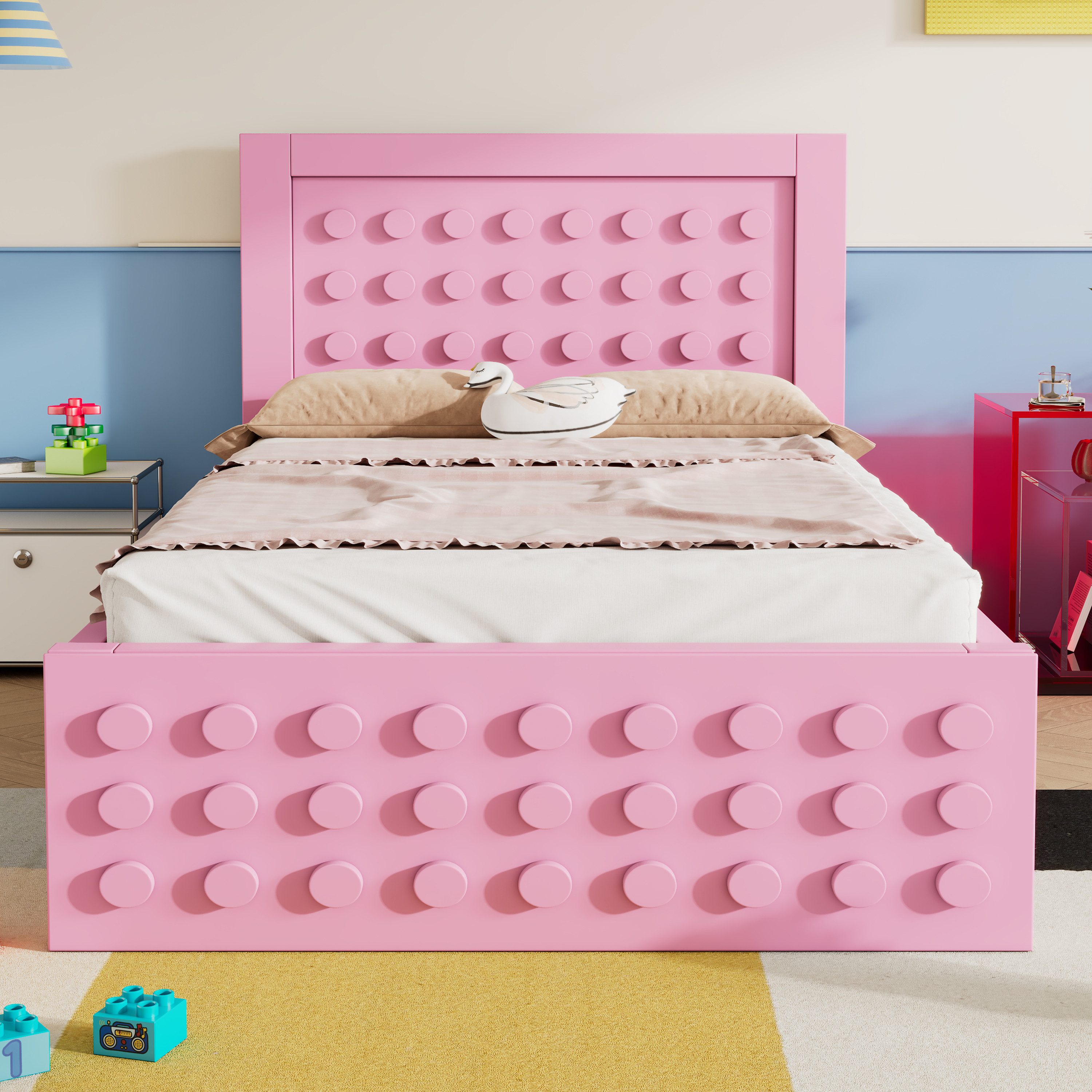 MODFU Hochbett Jugendbett mit Anti-Kollisions-Kanten (Einzelbett, 1-St., 90x200 cm, ohne Matratze) mit Schublade, kreatives Blockdesign aus Massivholz und MDF