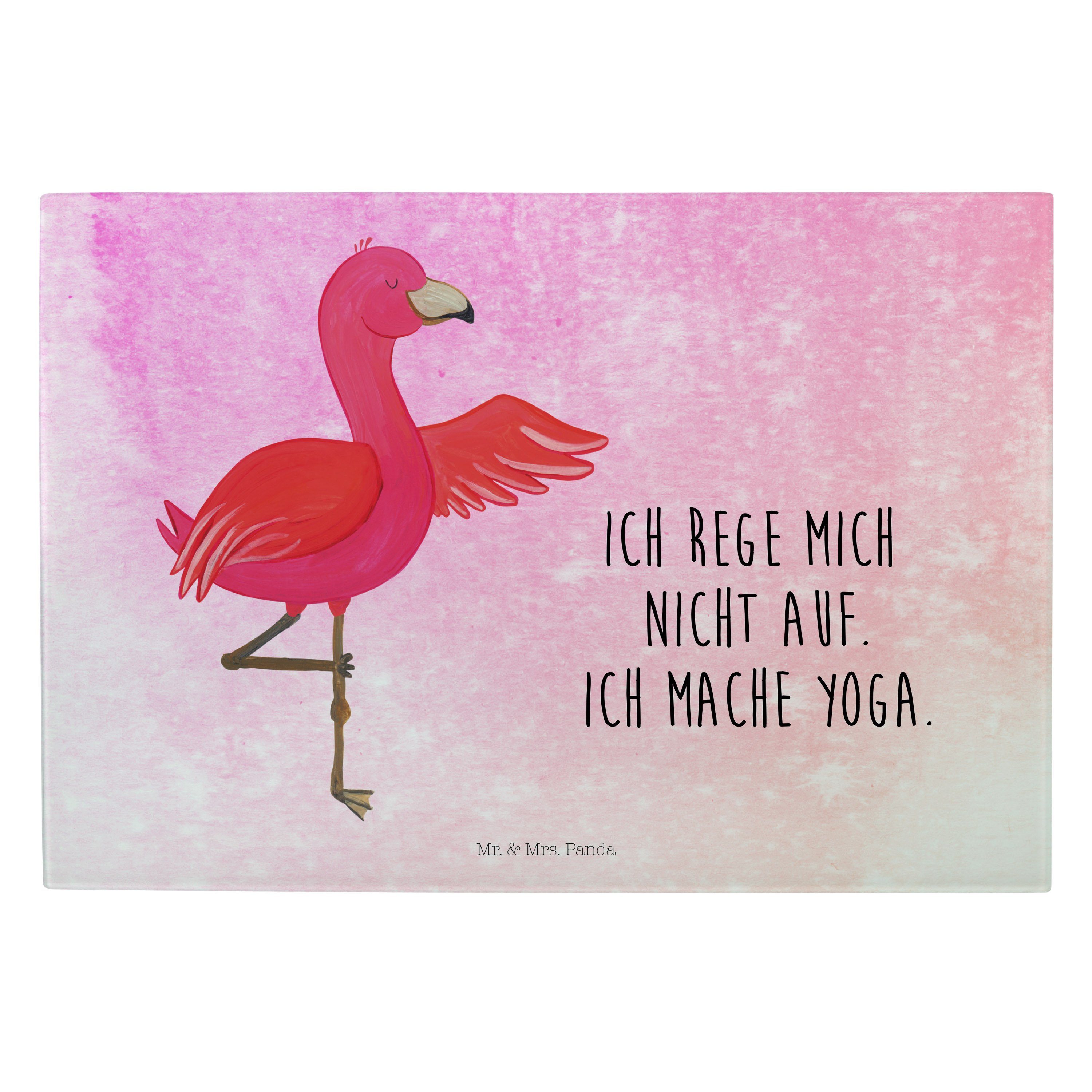 Mr. & Mrs. Panda Servierbrett Flamingo Yoga - Aquarell Pink - Geschenk, Ärger, Namaste, Schneidebre, Premium Glas, (1-St)