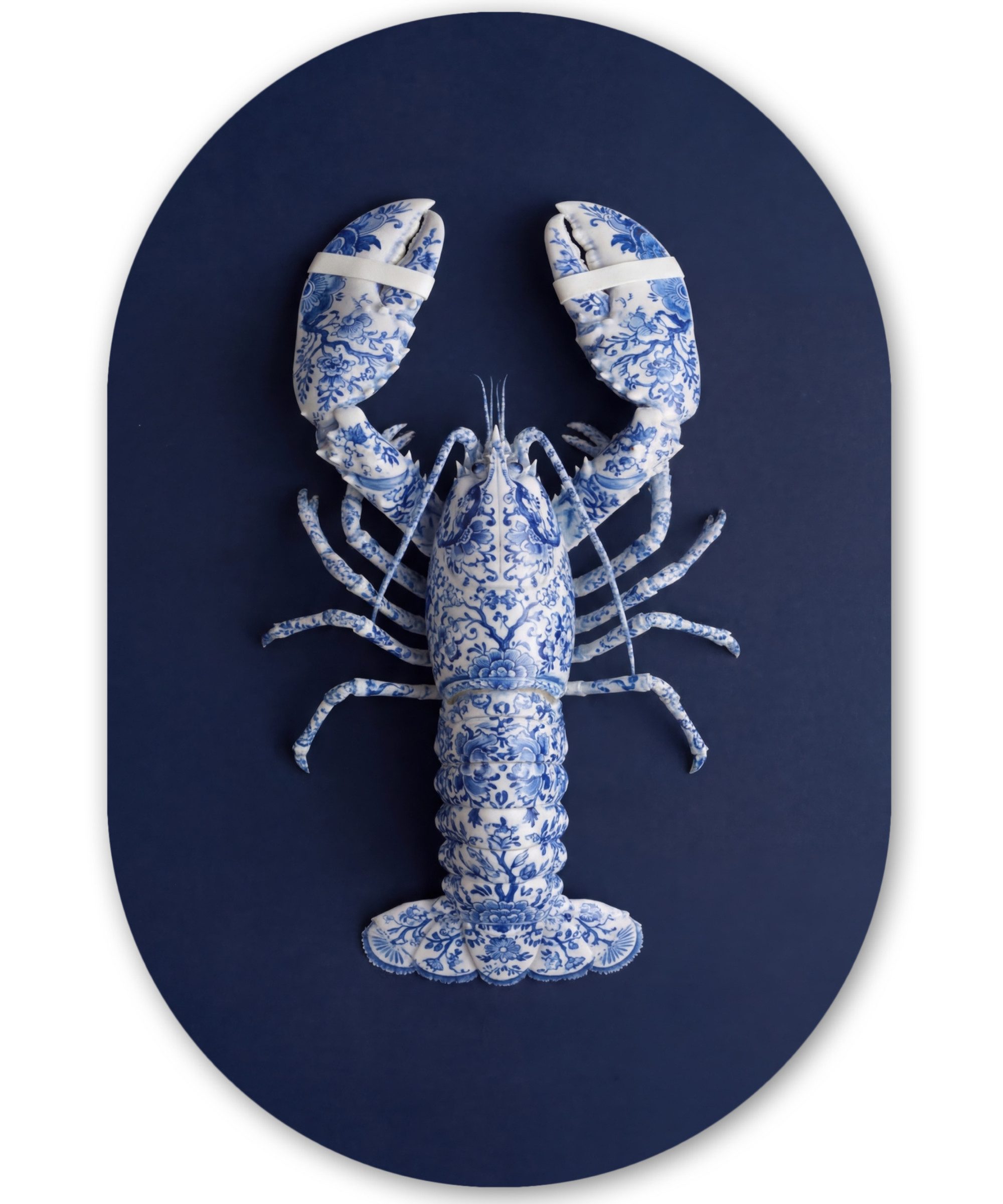 MuchoWow Gemälde Hummer - Porzellan - Delfter Blau, Fotodruck (1 St), Wandbild Oval, Wohnzimmer oder Schlafzimmer Wanddekoration, 40x60 cm