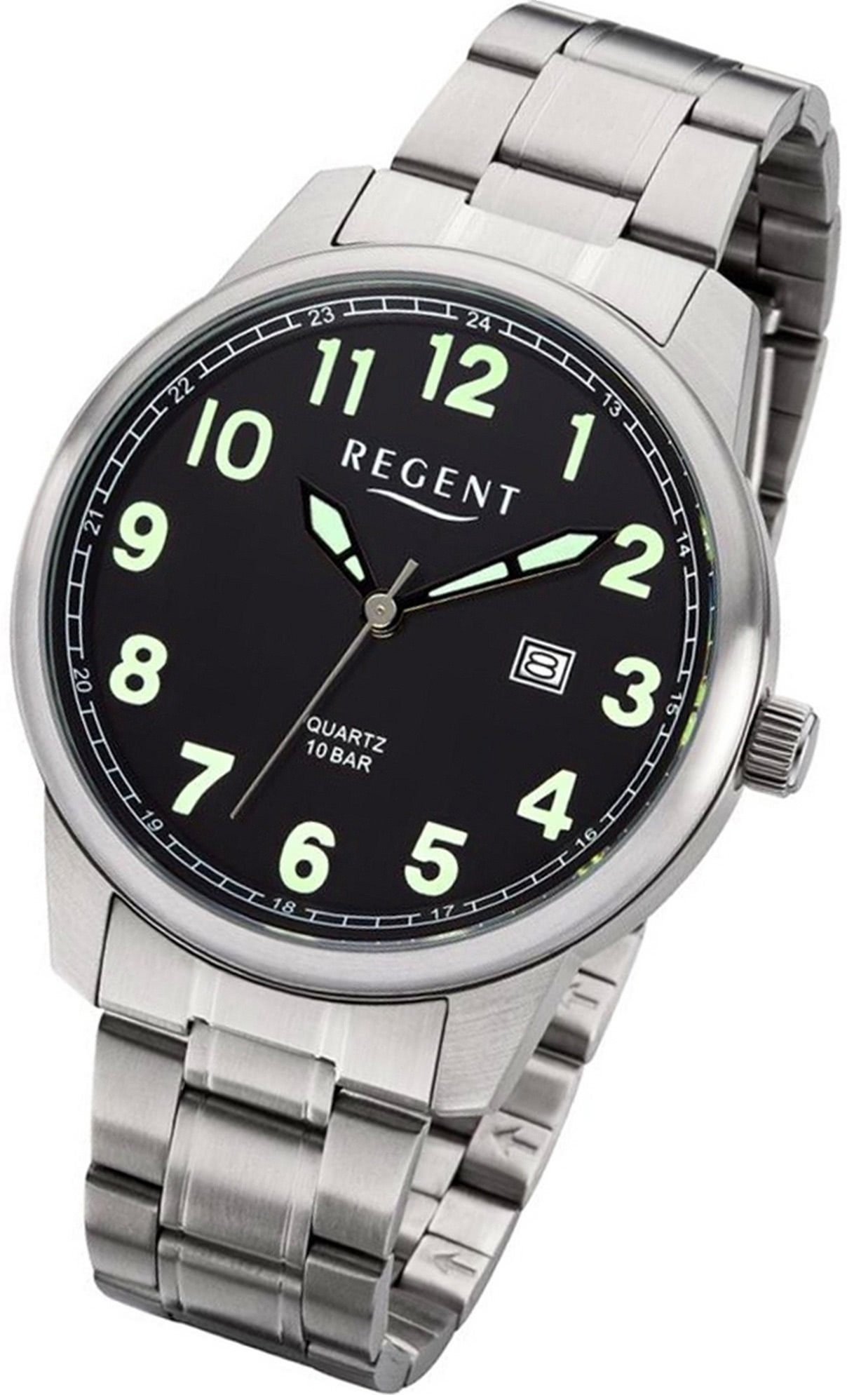 Regent Quarzuhr Regent Metall Herren Uhr F-1189 Analog, Herrenuhr Metallarmband silber, rundes Gehäuse, groß (ca. 41mm)