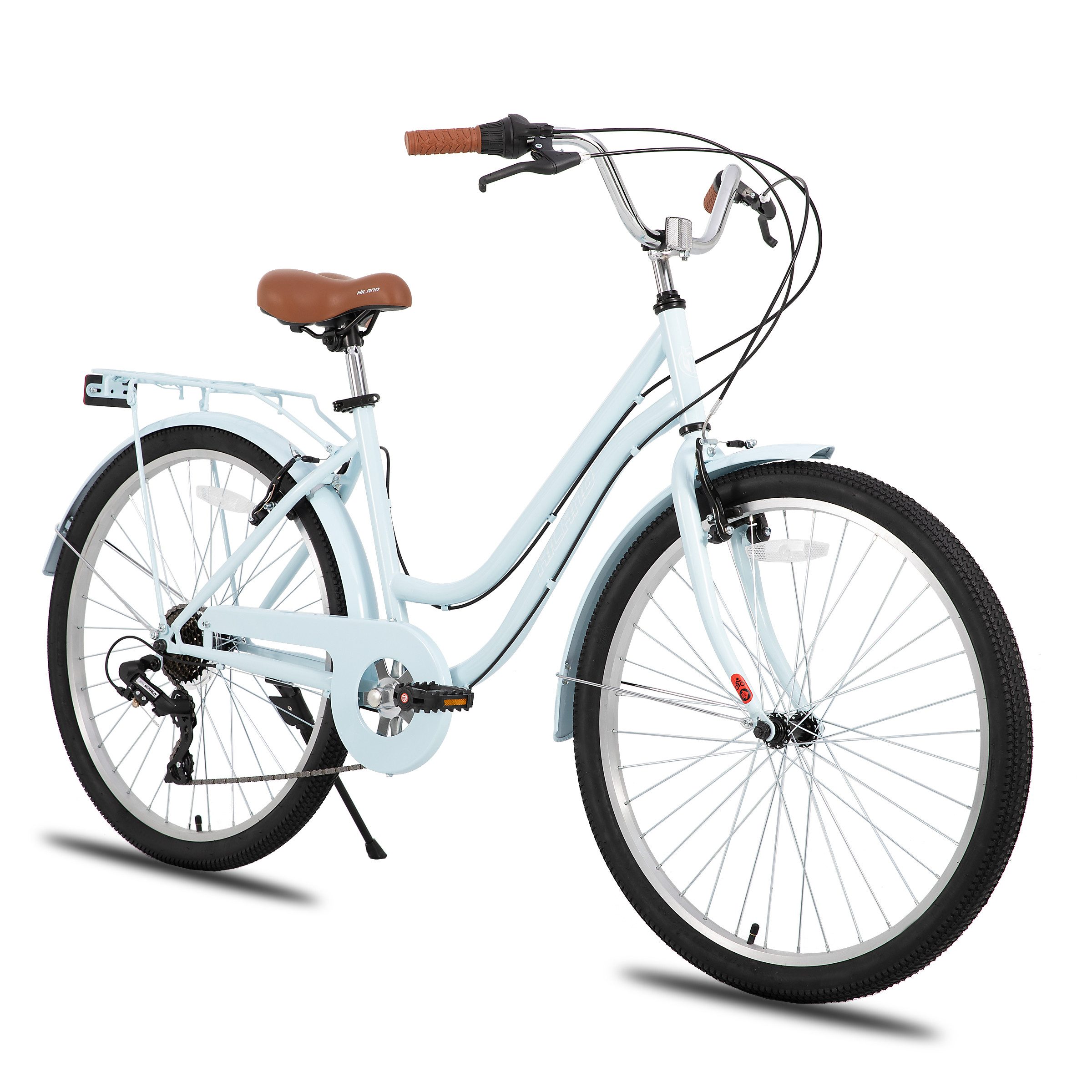 HILAND Cityrad Unisex Citybike 26", 7-Gang, V-Bremse, passend für 165–182cm, Step-Through Rahmen mit Gepäckträger und Korb,7 Gang