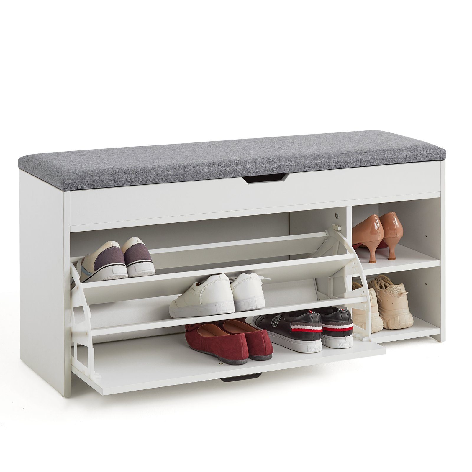 Mondeer Schuhbank Schuhhocker, mit Sitzfläche, mit Klappschublade, 100 x 30 x 52 cm, Weiß + Grau