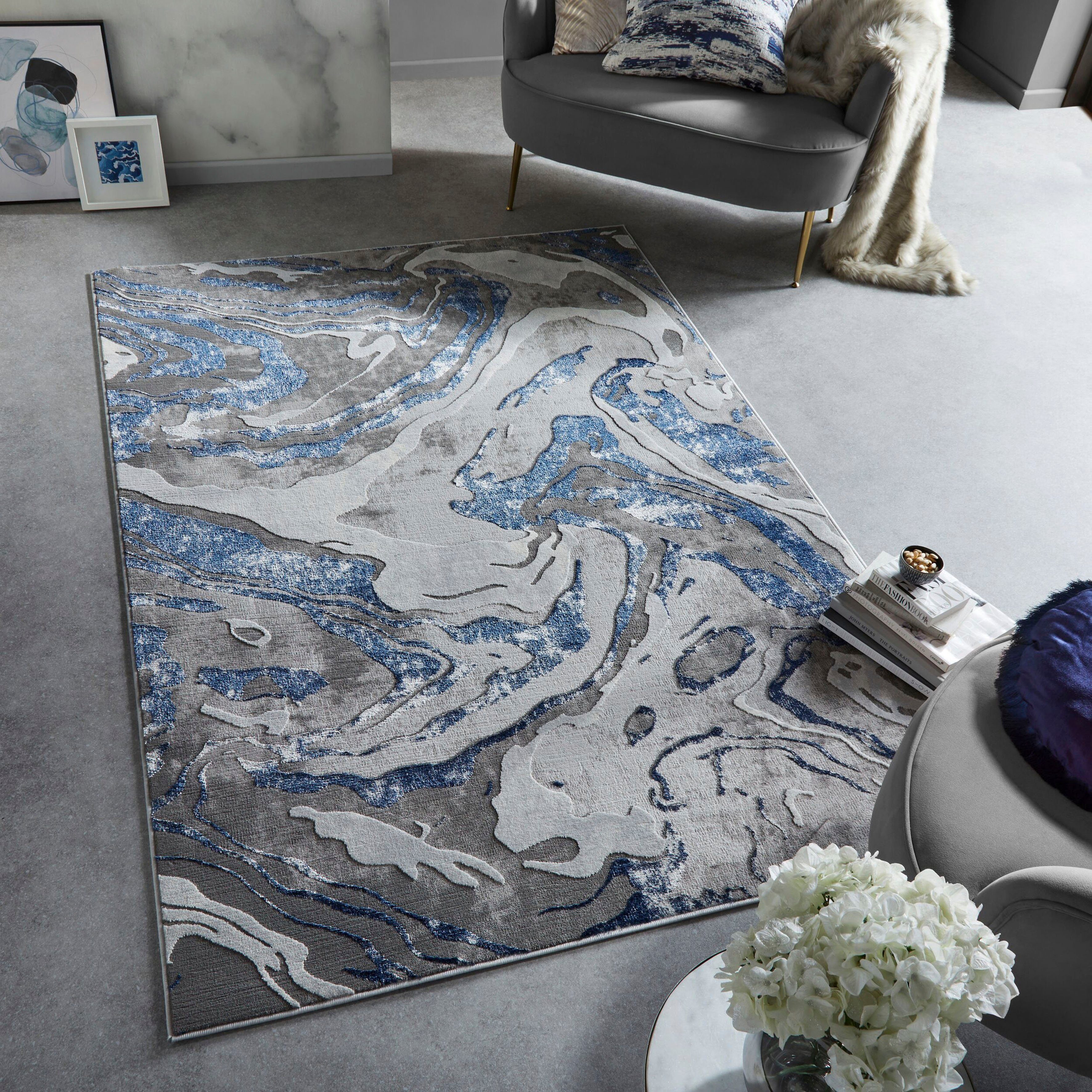 rechteckig, modernes Marbled, Teppich RUGS, dezenter Höhe: mm, navy Glanz, mehrfarbig, 12 Marmor-Design FLAIR