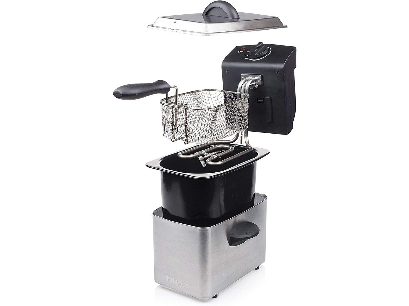 Tristar Kaltzonenfritteuse, 800 W, Kleine 2L mini Edelstahl Frittöse Pommes Schnitzel mit Fett frittieren