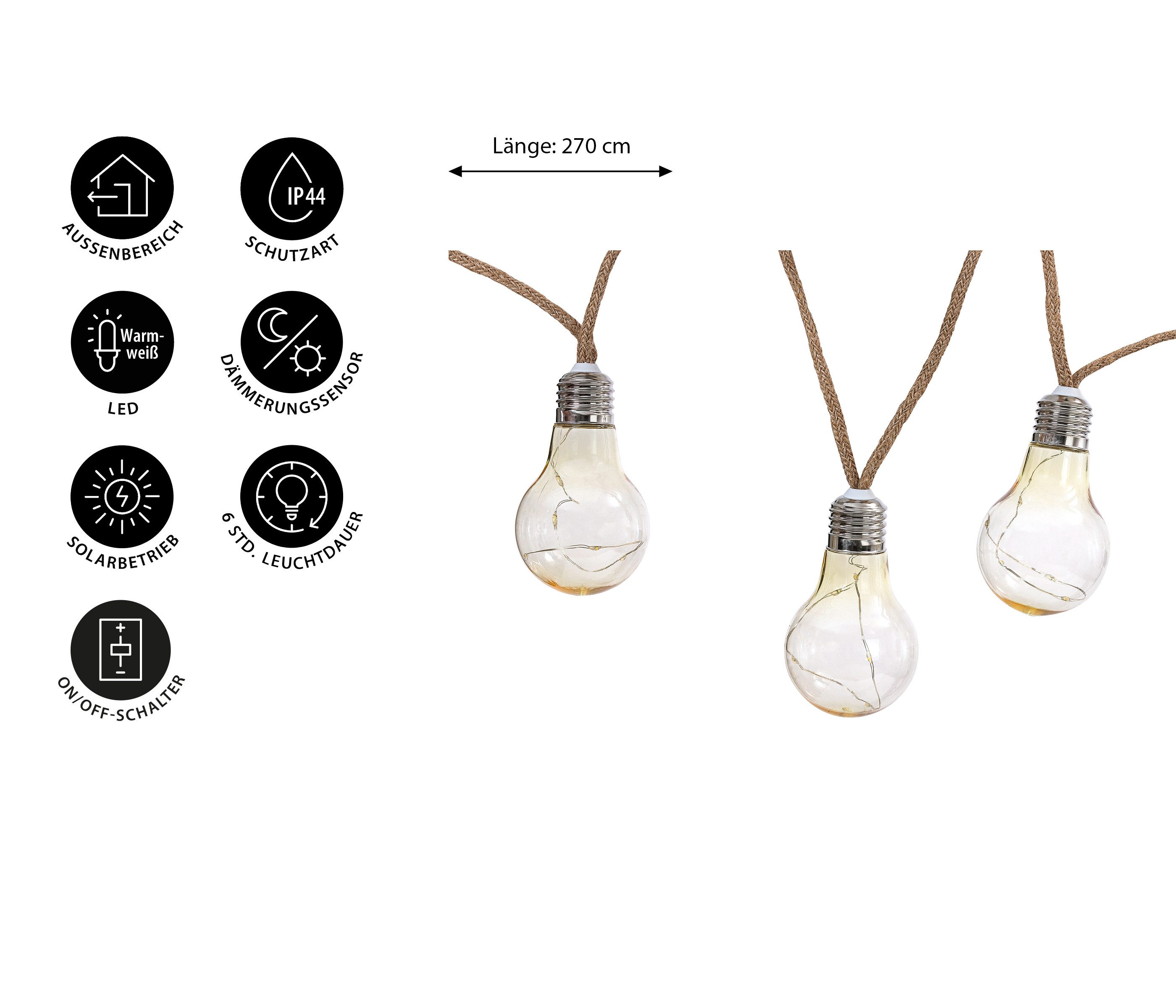 Dehner LED Solarleuchte Lichterkette Manaus, mit 10 warmweißen Glühbirnen, Warmweiß, IP44, Kunststoff/Hanf, Farben natur/transparent/silber