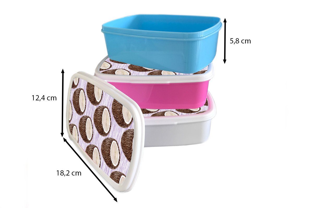MuchoWow Lunchbox Kokosnuss - Lila Erwachsene, Kunststoff, weiß Mädchen Muster, - für Kinder Brotbox und (2-tlg), und für Jungs Brotdose