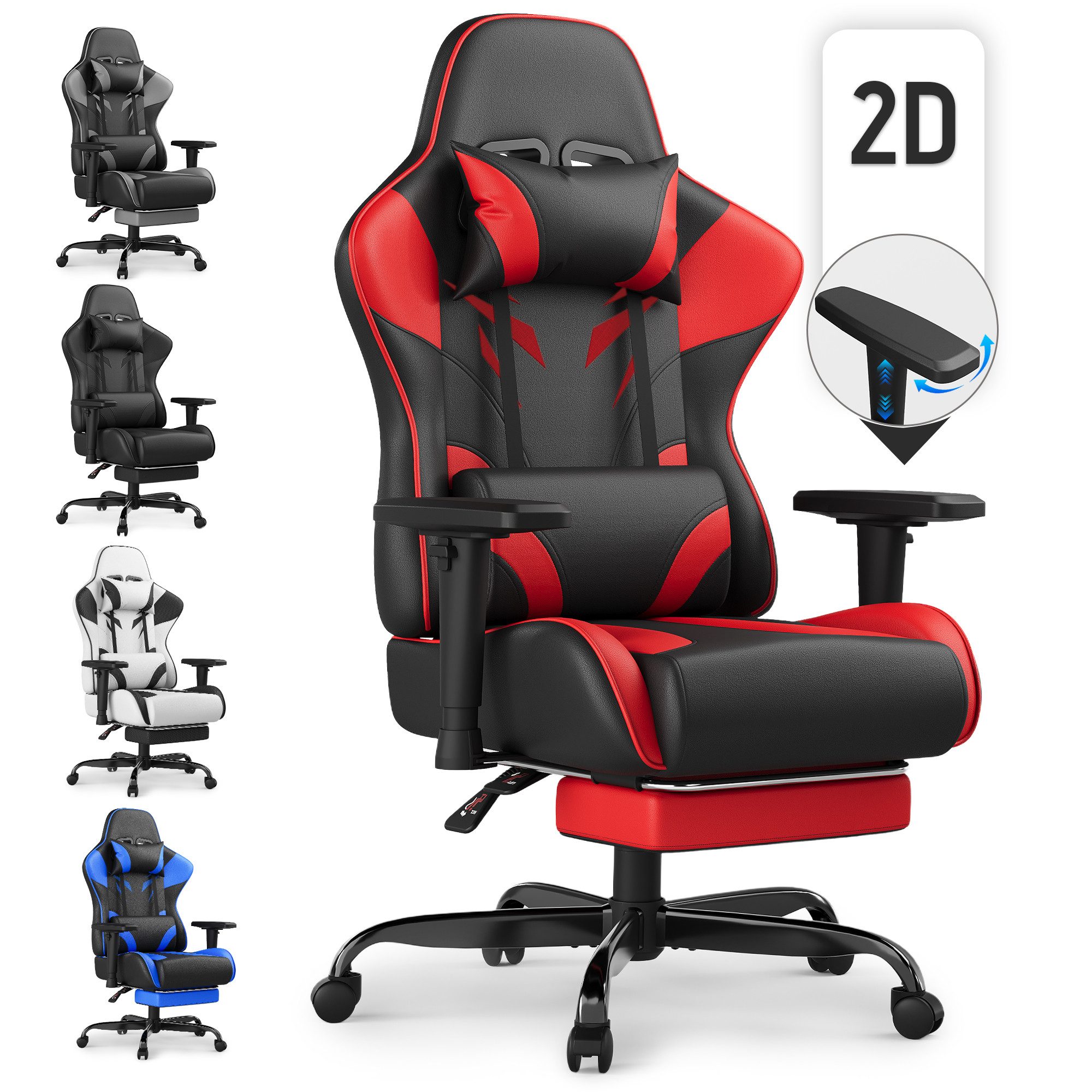 Gaming-Stuhl Verstellbare Armlehnen,Kopfstütze,Lendenkissen,Fußstütze,Gaming Stuhl