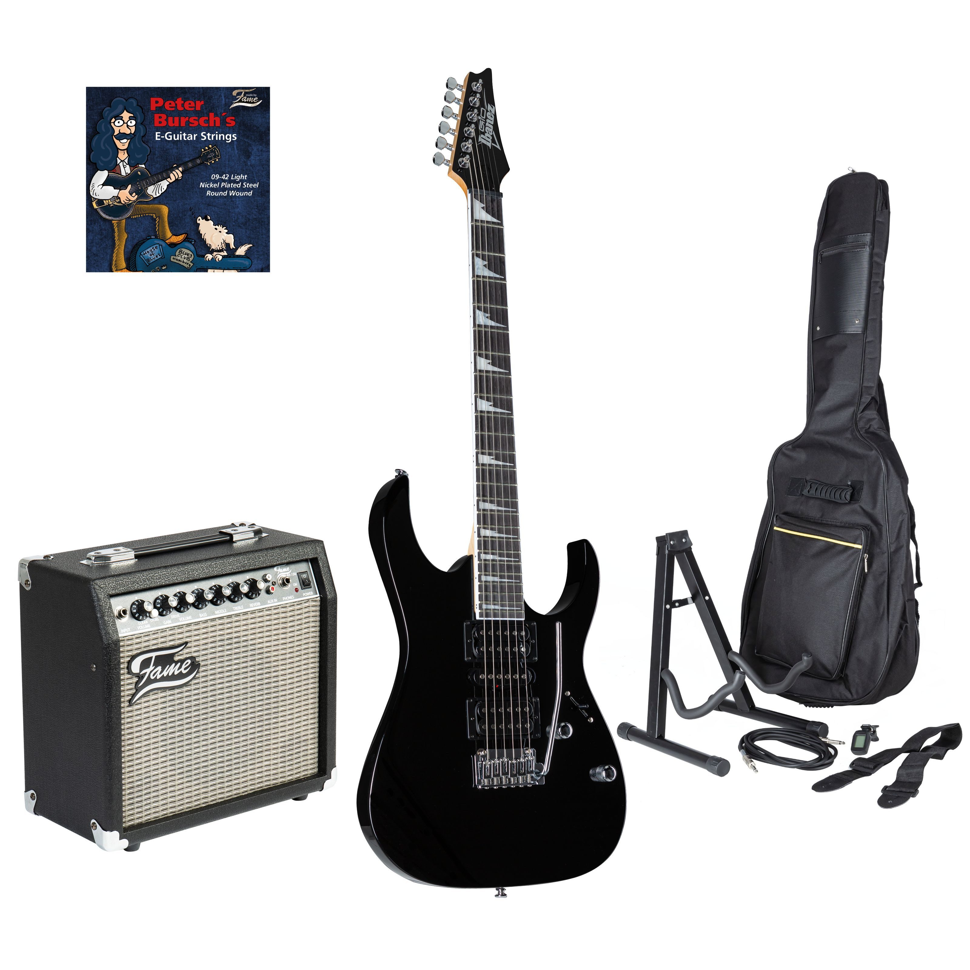 Ibanez E-Gitarre, E-Gitarren, E-Gitarren-Sets, GRG170DX-BKN + GX15 - E-Gitarren Anfänger Set
