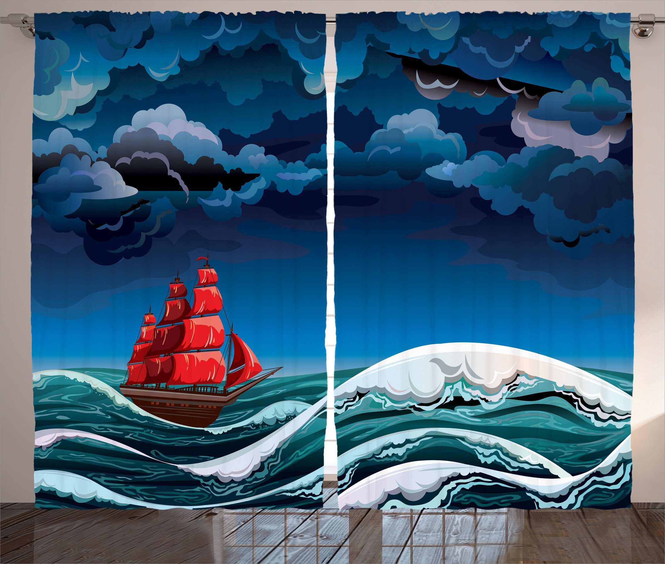 Gardine Schlafzimmer Kräuselband Vorhang mit auf Haken, Abakuhaus, Cartoon-Schiff Wellen Schlaufen und Nautisch