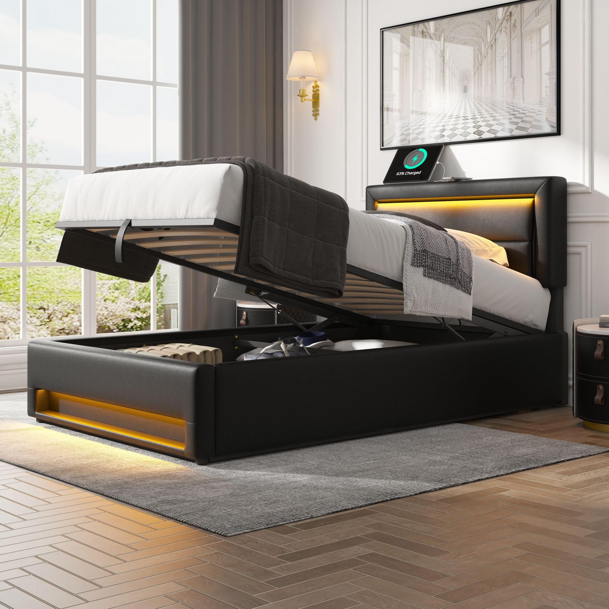 Flieks Polsterbett, LED Einzelbett 90x190cm mit USB-Anschluss und hydraulischem Stauraum