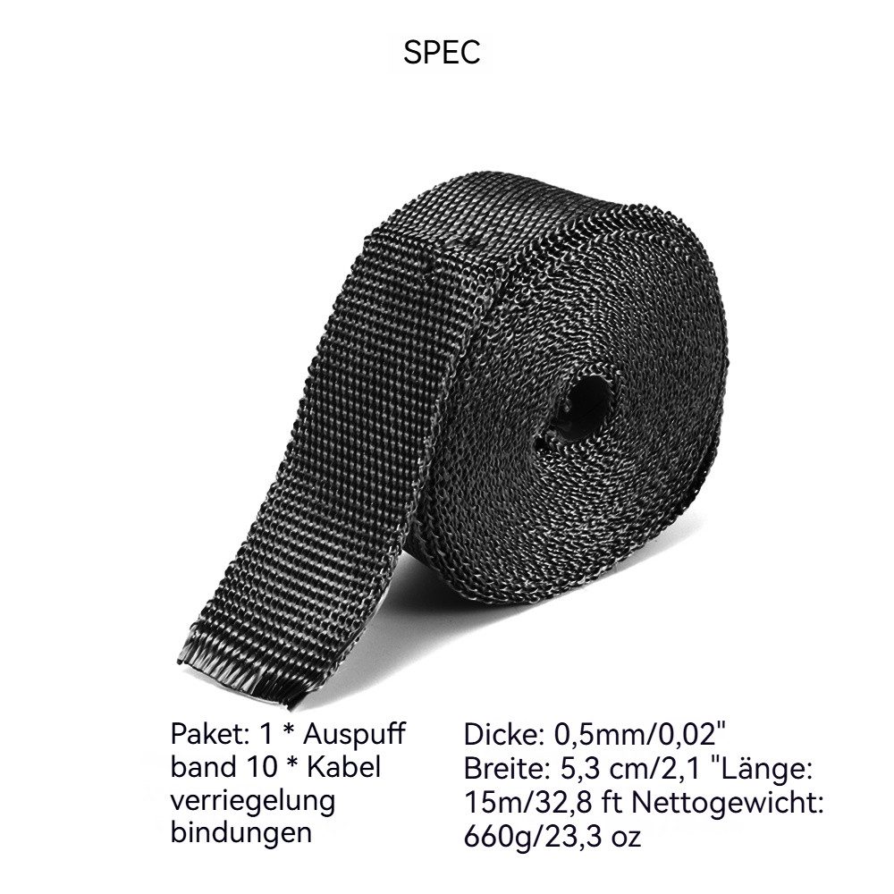 BlingBin Auspuff-Flexrohr Auspuffrohr-Dichtungsband, isolierend und hochtemperaturbeständig, (1 Set, 1-tlg), Exhaust Tape 15m Heat Insulation Tape 10 Metal Cabl – Bild 2 von 5