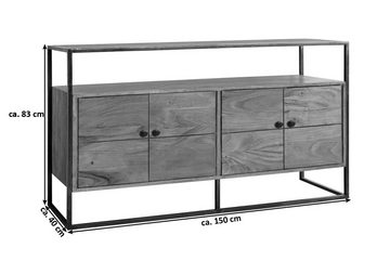 Junado® Sideboard Sydney, massives Akazienholz, stonefarben, 4 Türen mit schwarzem Knopfgriff