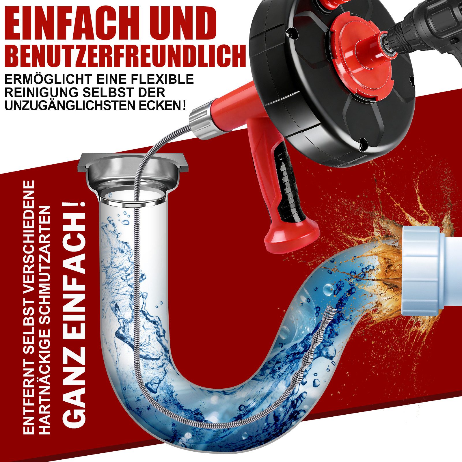 XERSEK Rohrreinigungsspirale 9.5M Abflussreiniger 2-in-1 Manuell + Bohrerantrieb, Reinigungsspirale, L: 950 cm, ∅ 12 mm, Für Rohre bis Ø80 mm - Badewanne Waschbecken Bodenablauf Ablauf